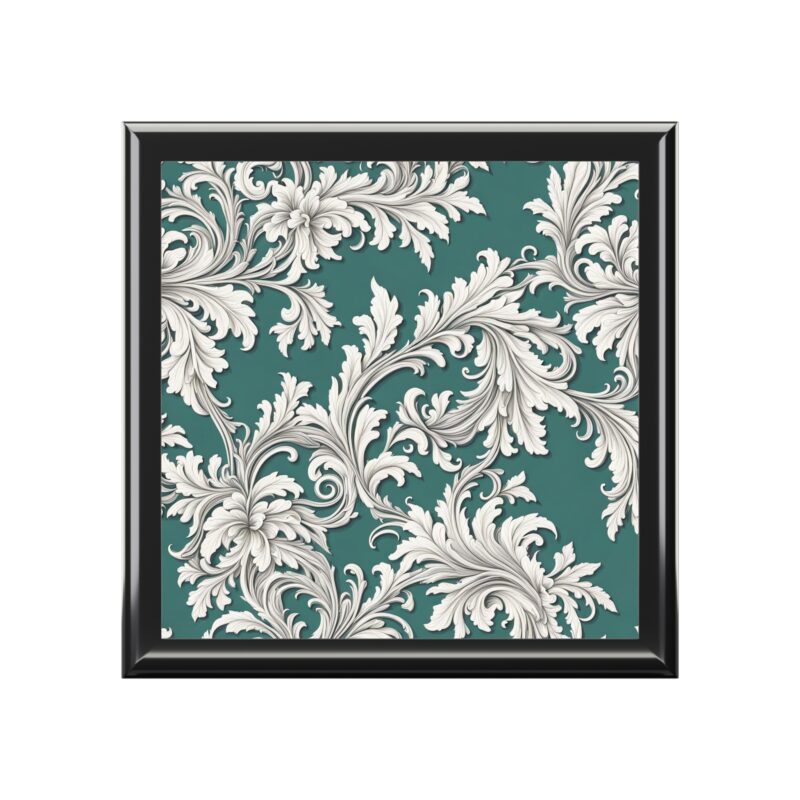 Jewelry Box Damask Design Black White Aqua - Select wood color - Made in USA