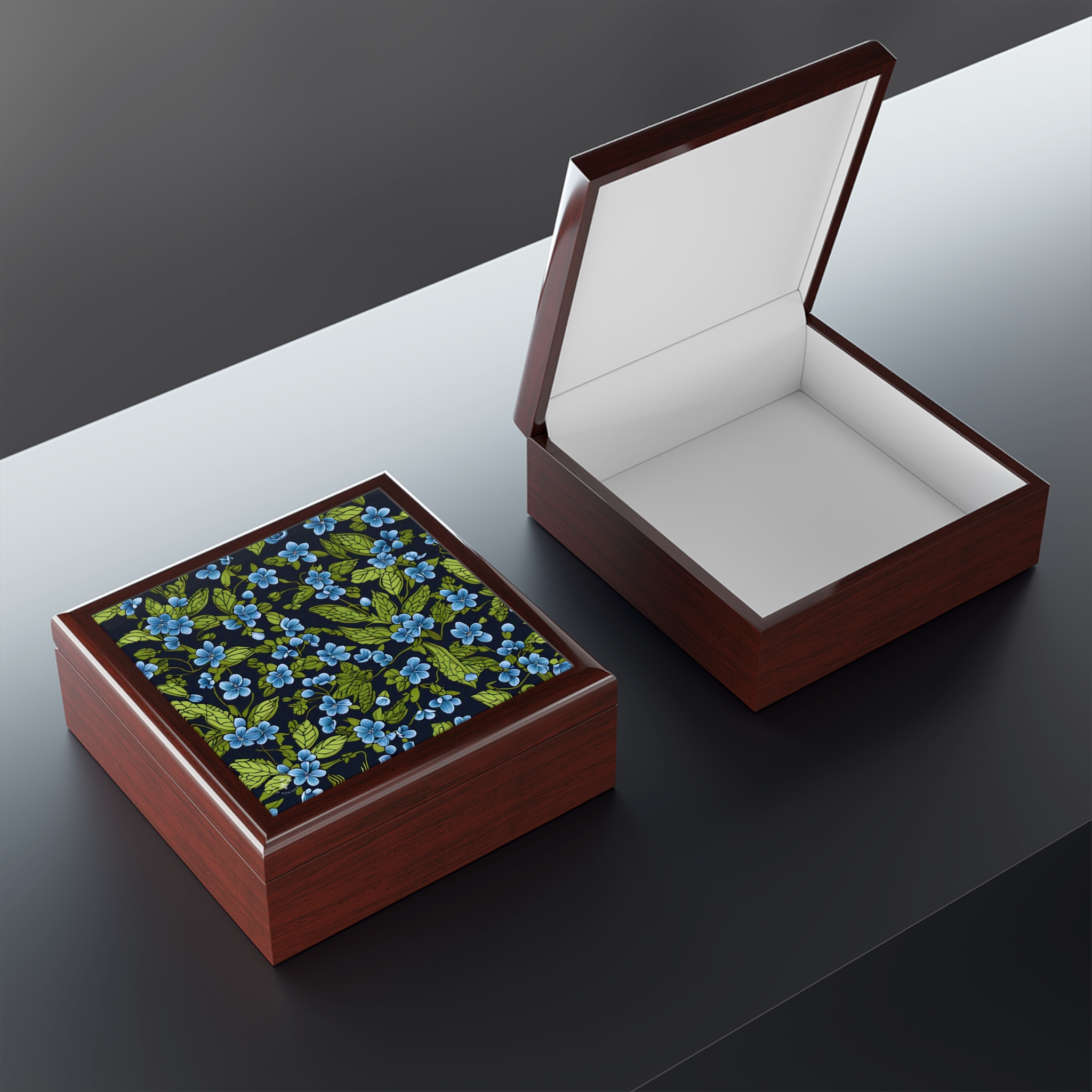 Forget-me-Not Jewelry Box with decorated glossy sublimation ceramic tile fitted lid - Image 9