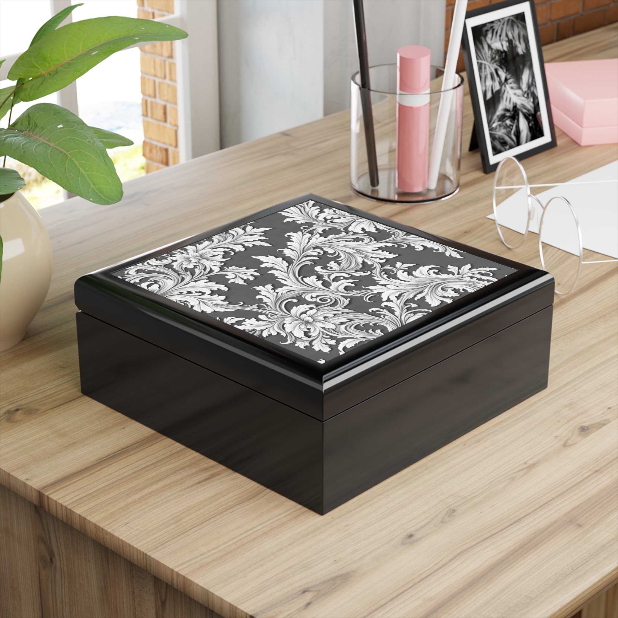 Jewelry Box Damask Design Black White - Select from 3 wood colors - Made in USA - Image 2