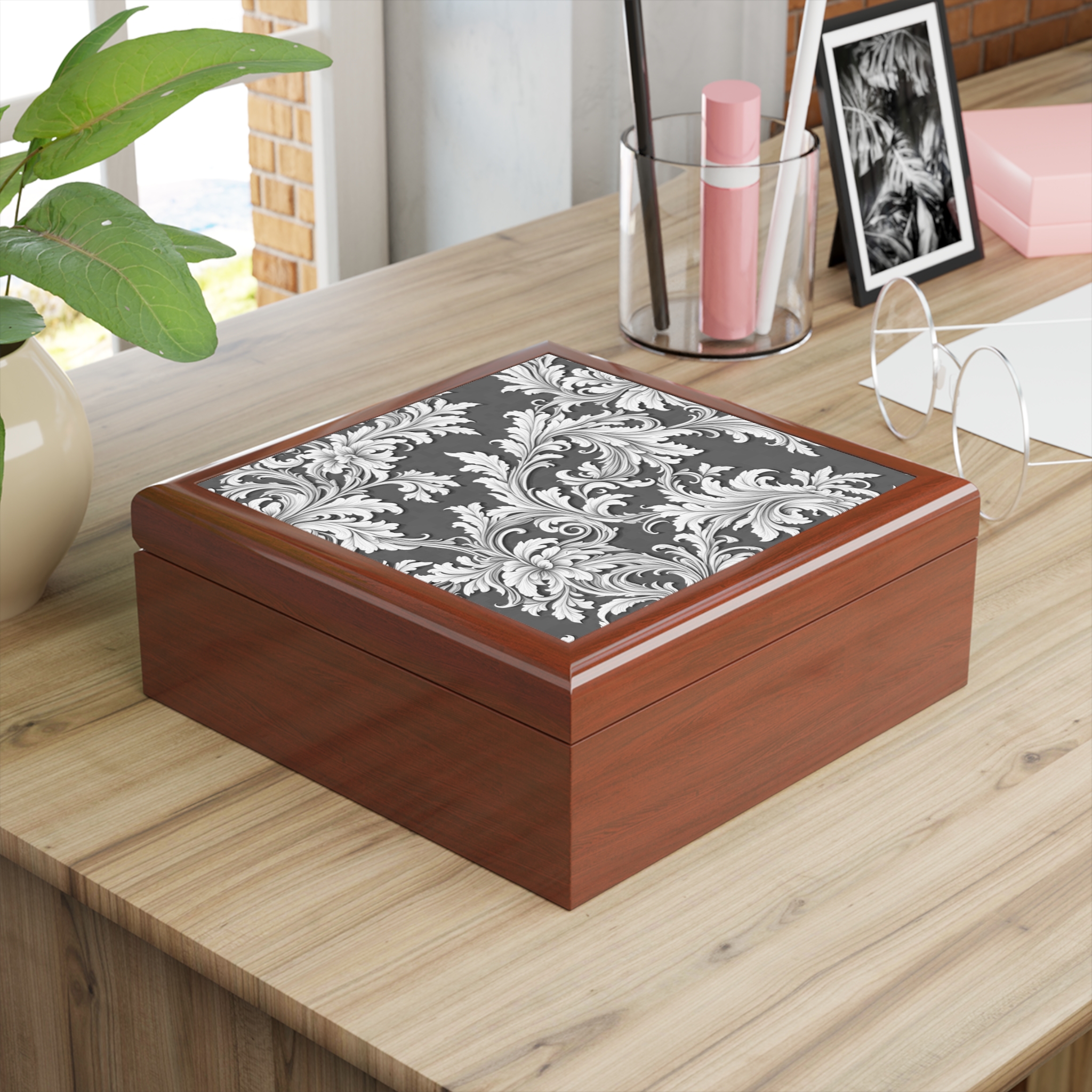 Jewelry Box Damask Design Black White - Select from 3 wood colors - Made in USA - Image 5