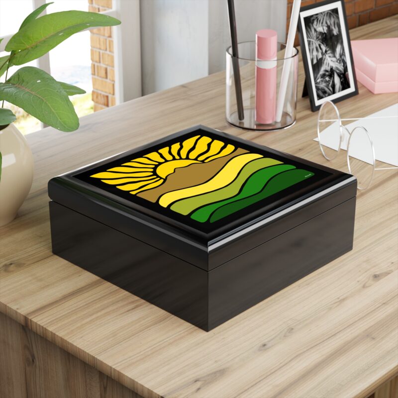 Jewelry Box - Groovy Retro Mt Tamalpais Sun Landscape Design Yellow - Select Wood - Made in USA