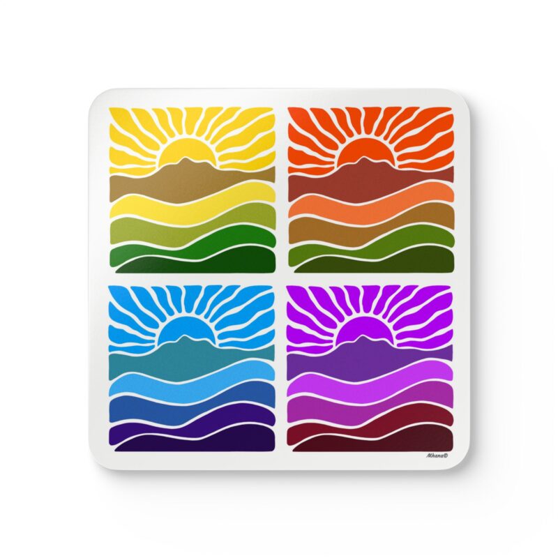 Groovy Retro Mt Tamalpais Sun Landscape Design Cork Coaster Set - 4 Colorful Designs for Home Decor - White - Made in USA
