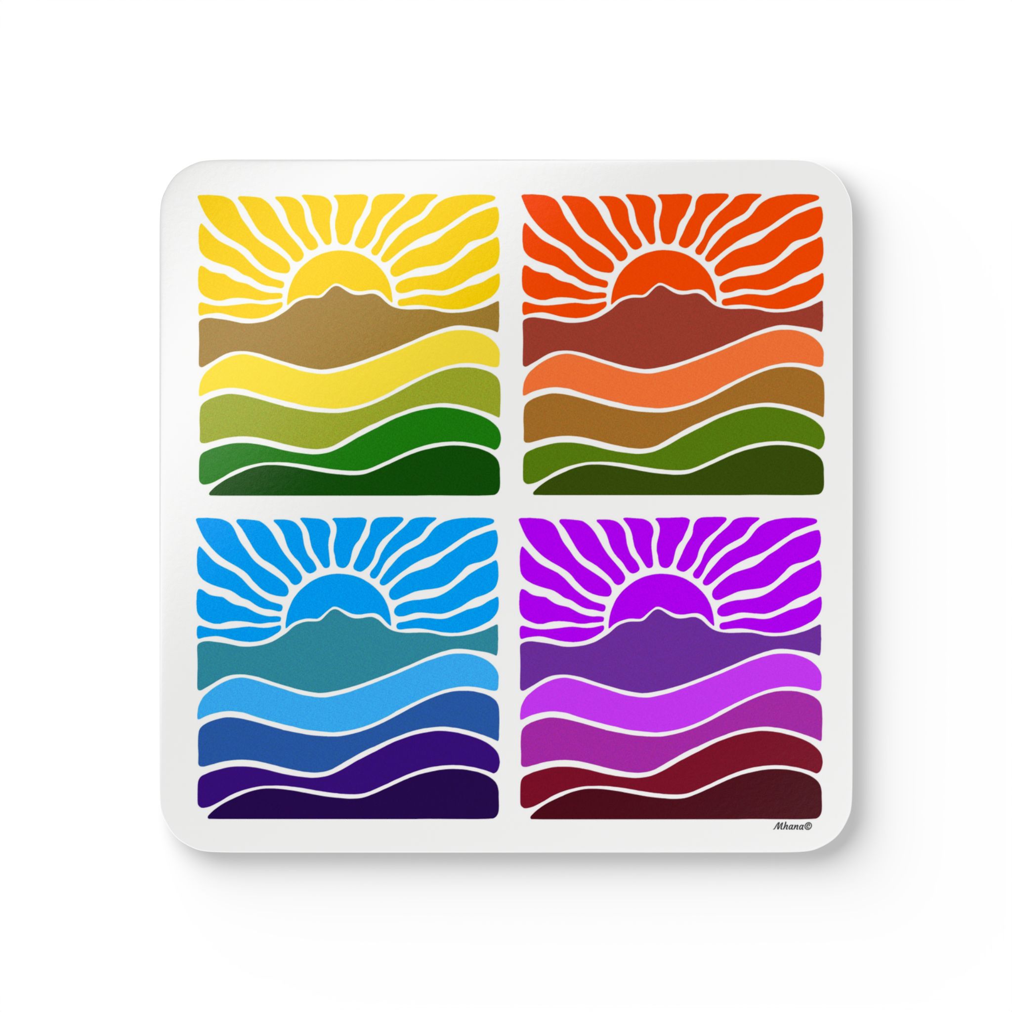 Groovy Retro Mt Tamalpais Sun Landscape Design Cork Coaster Set - 4 Colorful Designs for Home Decor - White - Made in USA