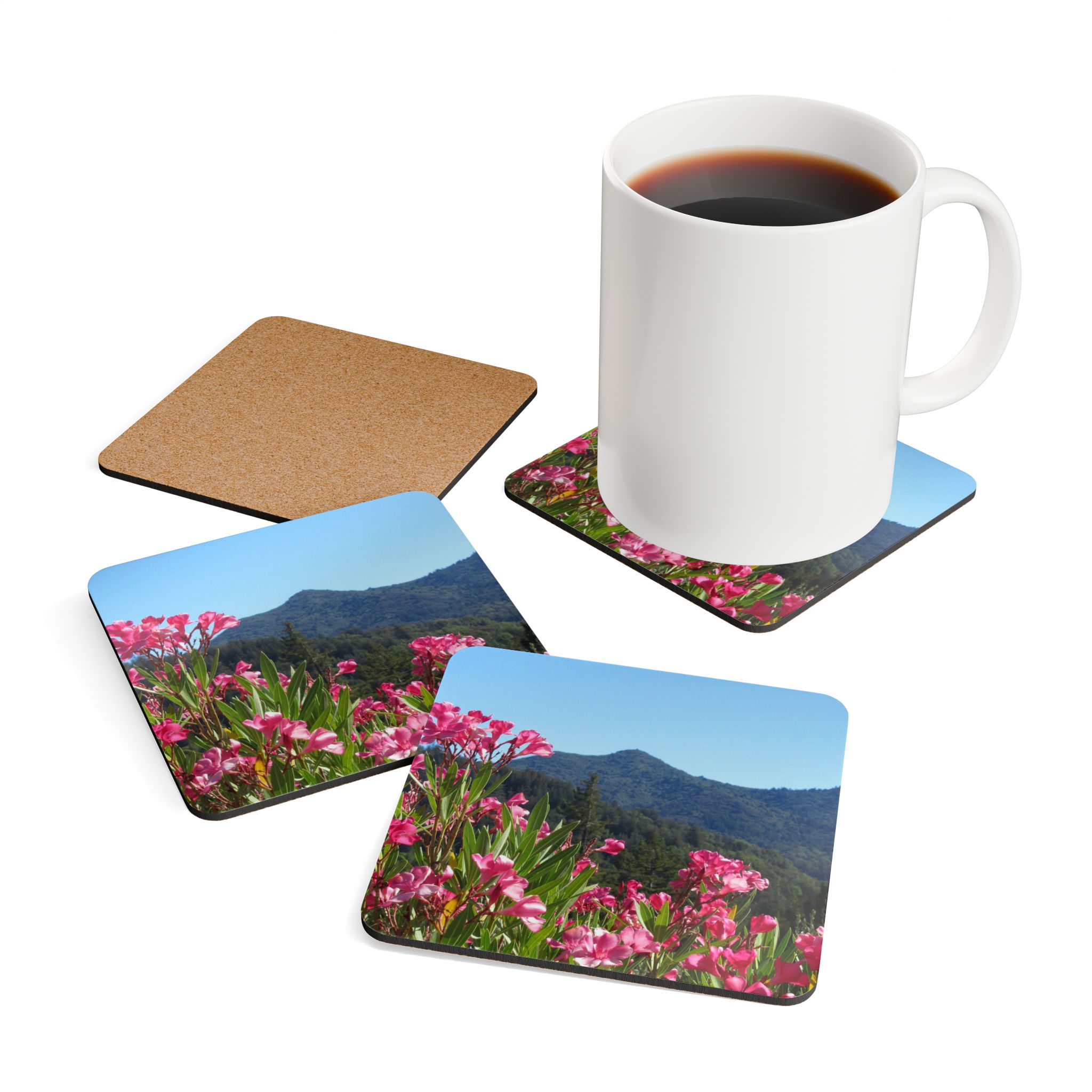 Corkwood Coaster (Set of 4) Mt Tamalpais Pink Flowers (Customizable) - Made in USA - Image 4