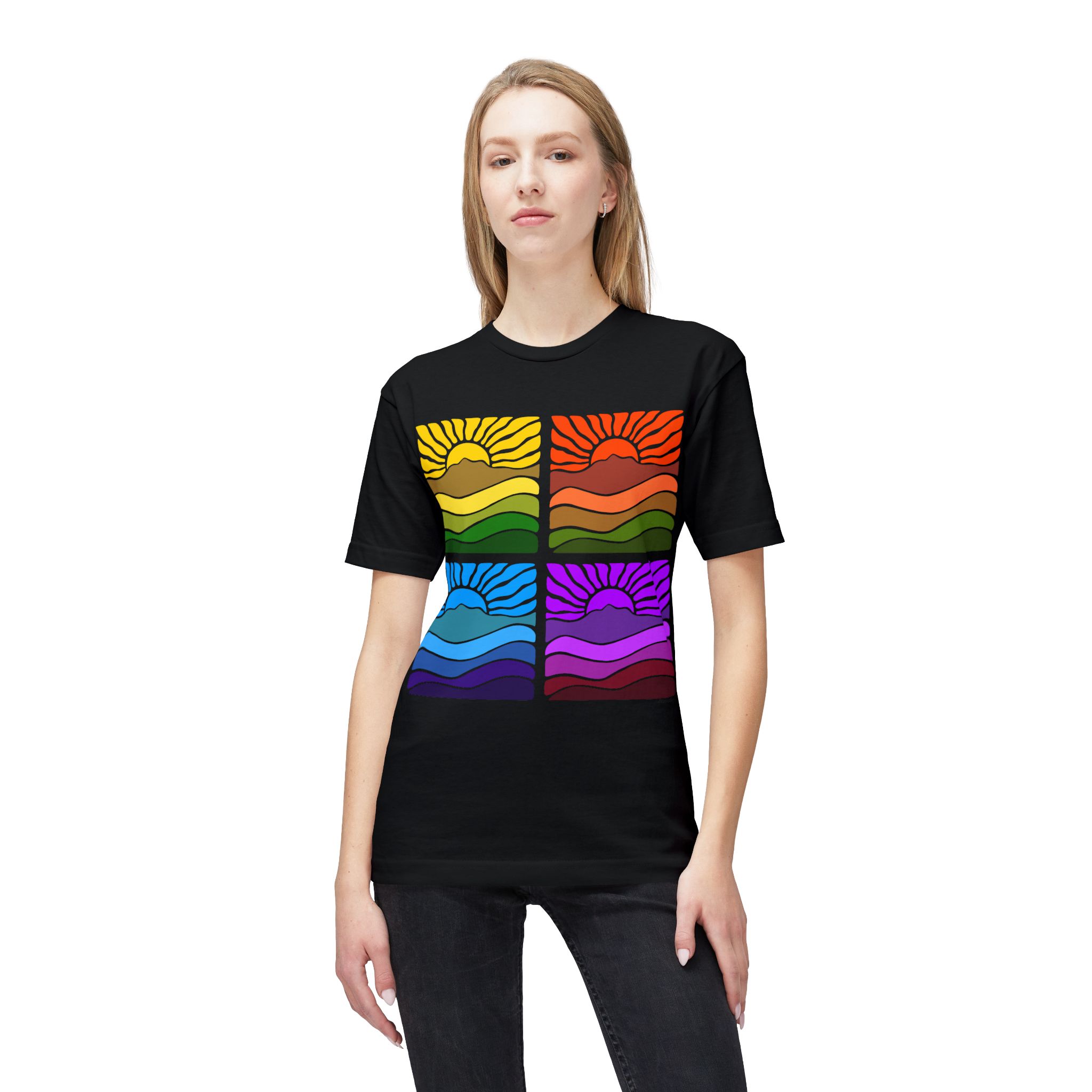 Meduim-Weight T-shirt - Groovy Retro Mt Tamalpais Sun Landscape Rainbow X4 Design - Made and assembled in the USA - Image 7