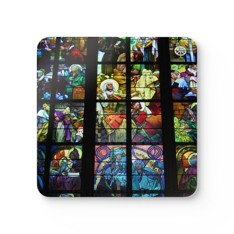Corkwood Coaster (Set of 4) Stained Vintage Glass Church Window by Alphonse Mucha - Made in USA
