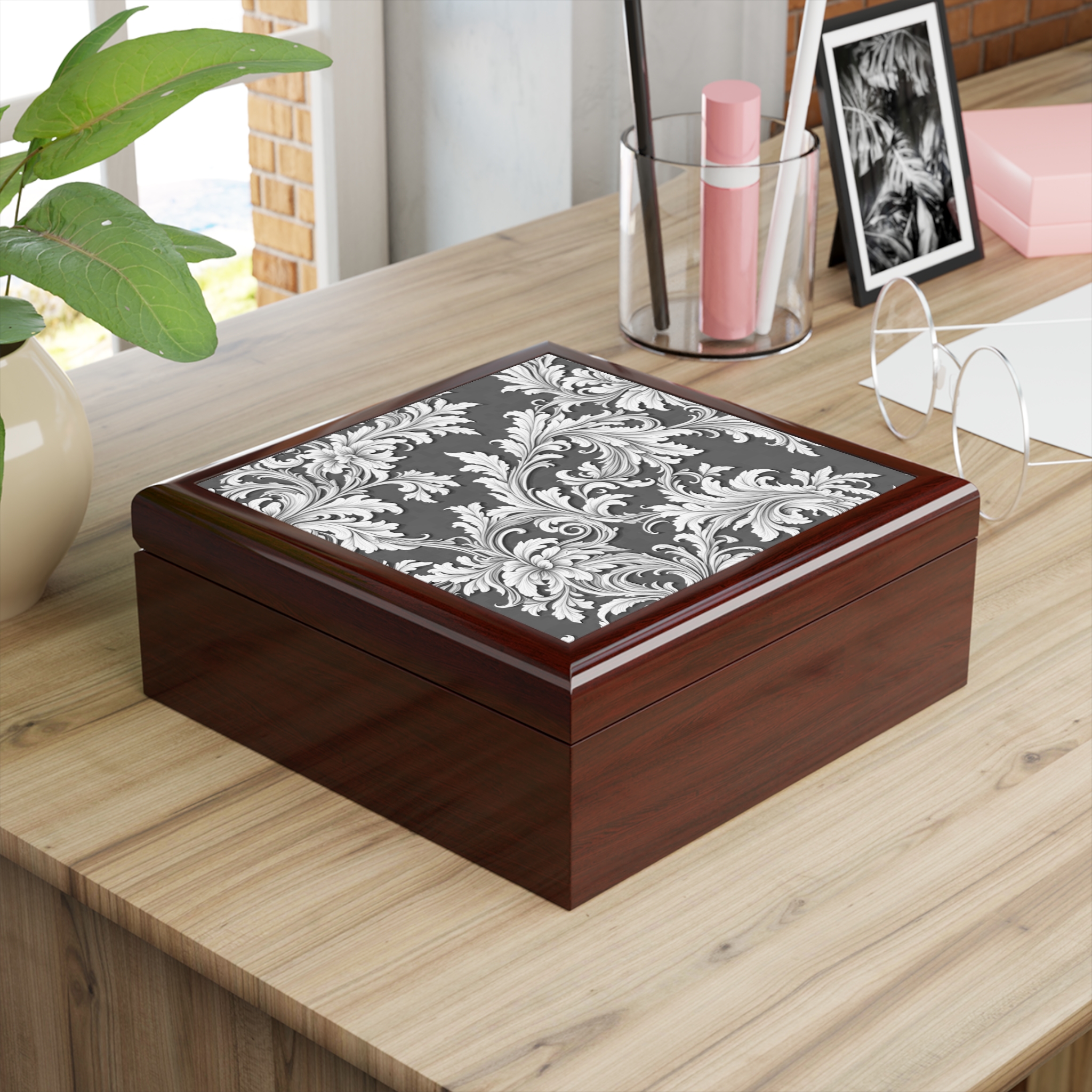 Jewelry Box Damask Design Black White - Select from 3 wood colors - Made in USA - Image 8