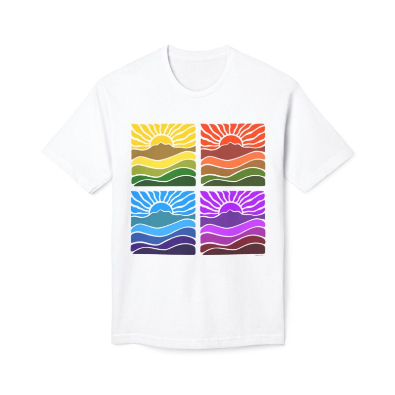 Meduim-Weight T-shirt - Groovy Retro Mt Tamalpais Sun Landscape Rainbow X4 Design - Made and assembled in the USA