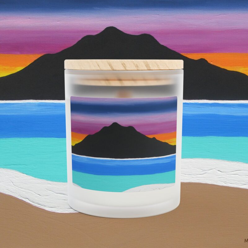 Frosted Glass Soy Candle, 11oz The Sleeping Lady's Serene Twilight Shoreline Sunset Painting (print) Vegan,Scented / Unscented