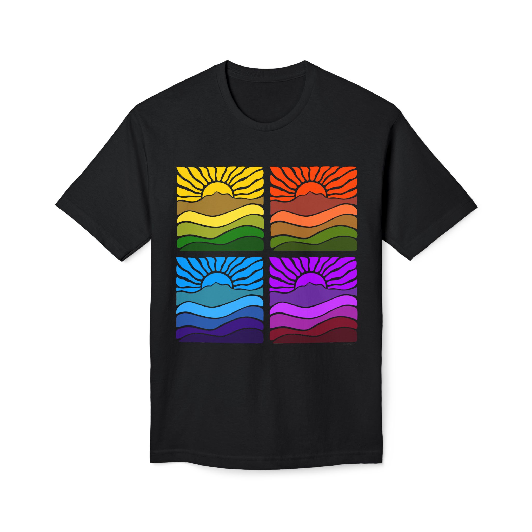 Meduim-Weight T-shirt - Groovy Retro Mt Tamalpais Sun Landscape Rainbow X4 Design - Made and assembled in the USA - Image 5