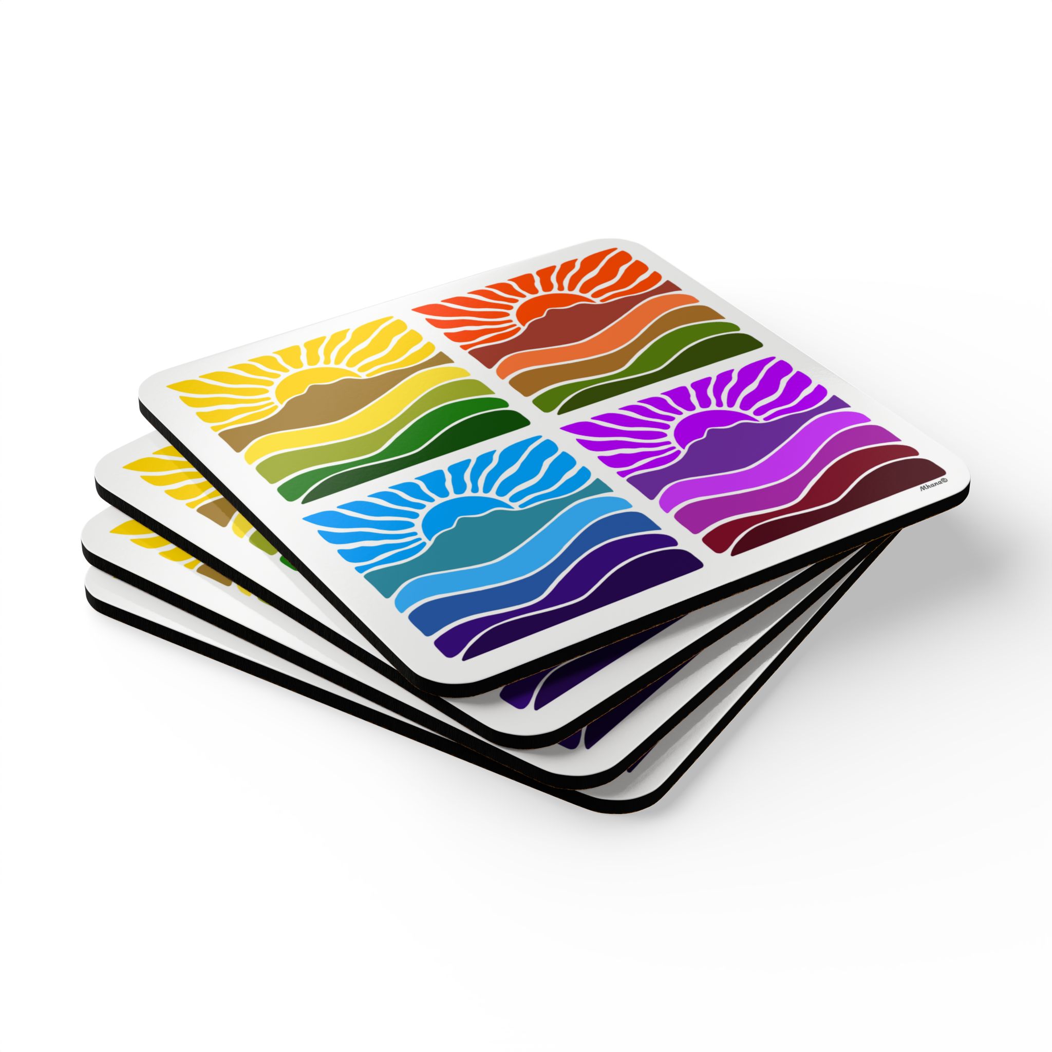 Groovy Retro Mt Tamalpais Sun Landscape Design Cork Coaster Set - 4 Colorful Designs for Home Decor - White - Made in USA - Image 3