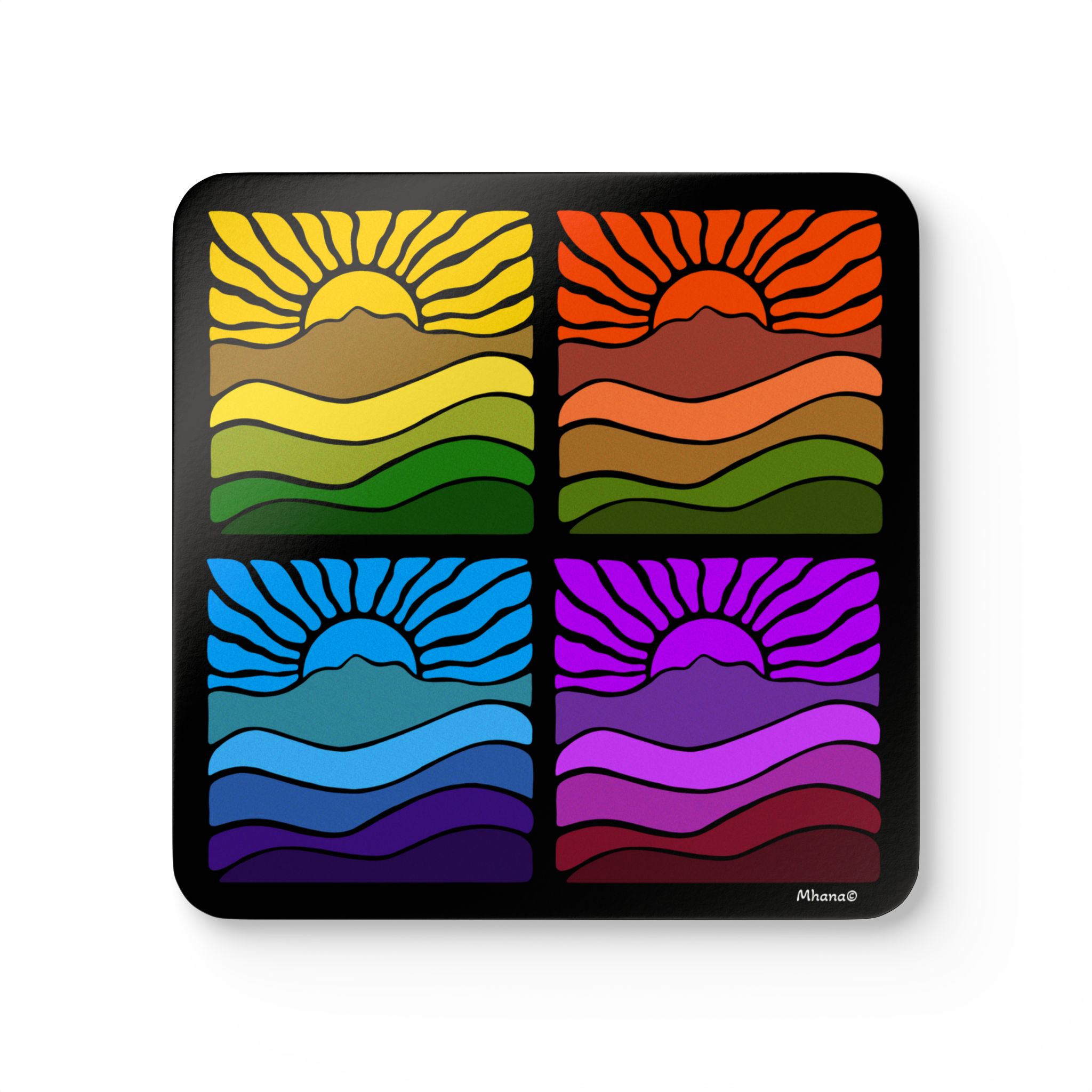 Corkwood Coaster set of 4 Groovy Retro Mt Tamalpais Sun Landscape Design - Made in USA