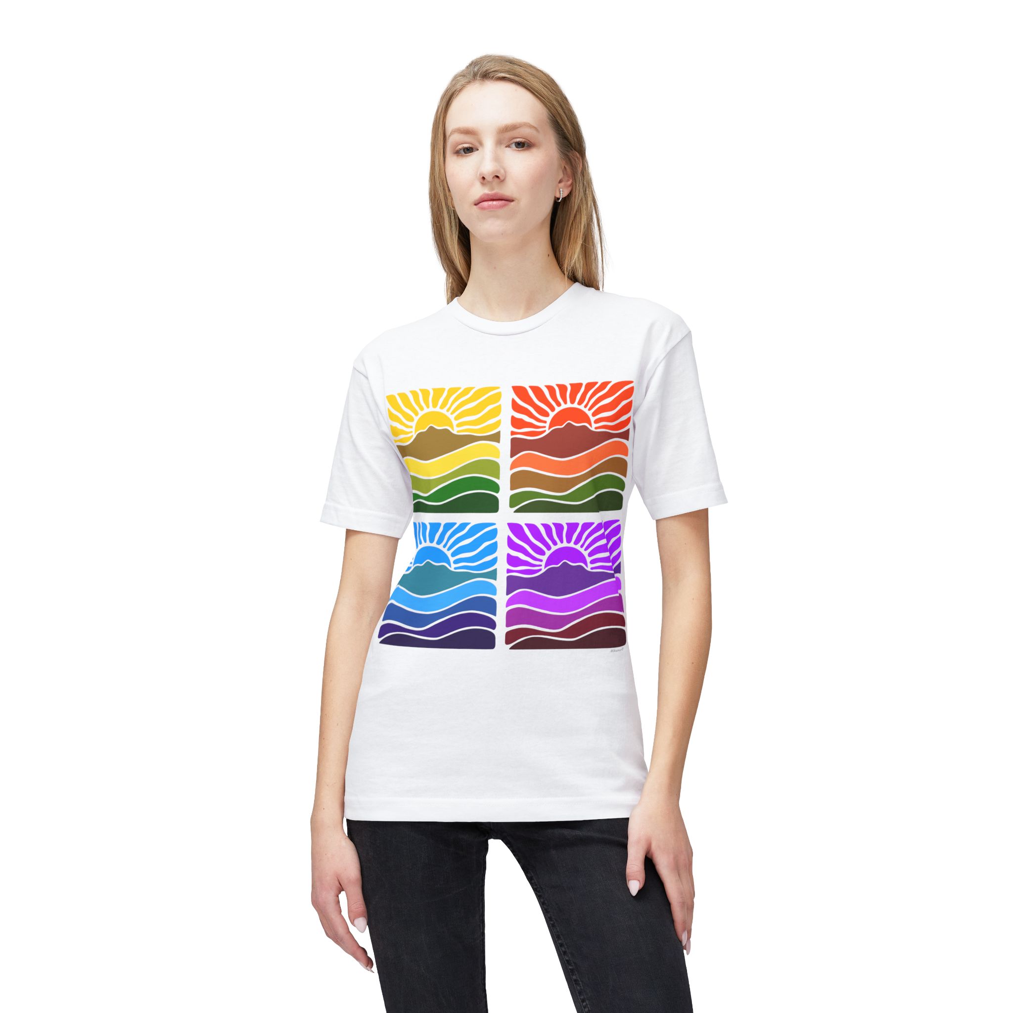 Meduim-Weight T-shirt - Groovy Retro Mt Tamalpais Sun Landscape Rainbow X4 Design - Made and assembled in the USA - Image 3