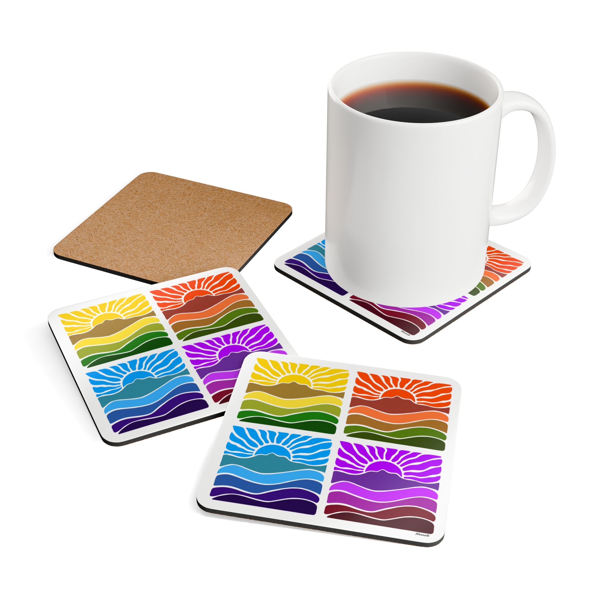 Groovy Retro Mt Tamalpais Sun Landscape Design Cork Coaster Set - 4 Colorful Designs for Home Decor - White - Made in USA - Image 4