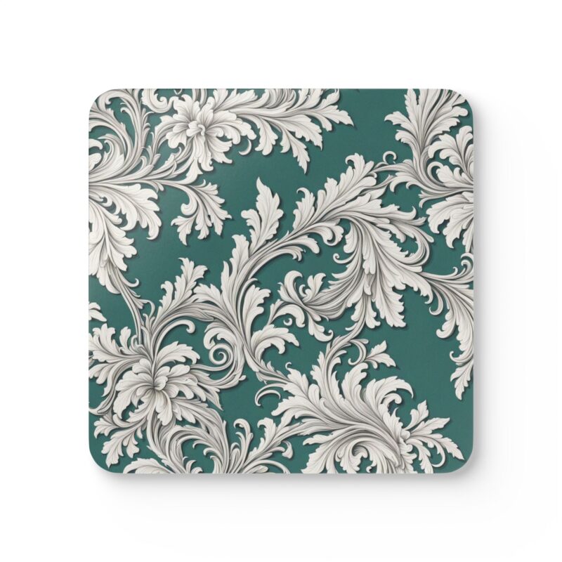 Corkwood Coaster (Set of 4) Damask Design Aqua Black & White - Made in USA