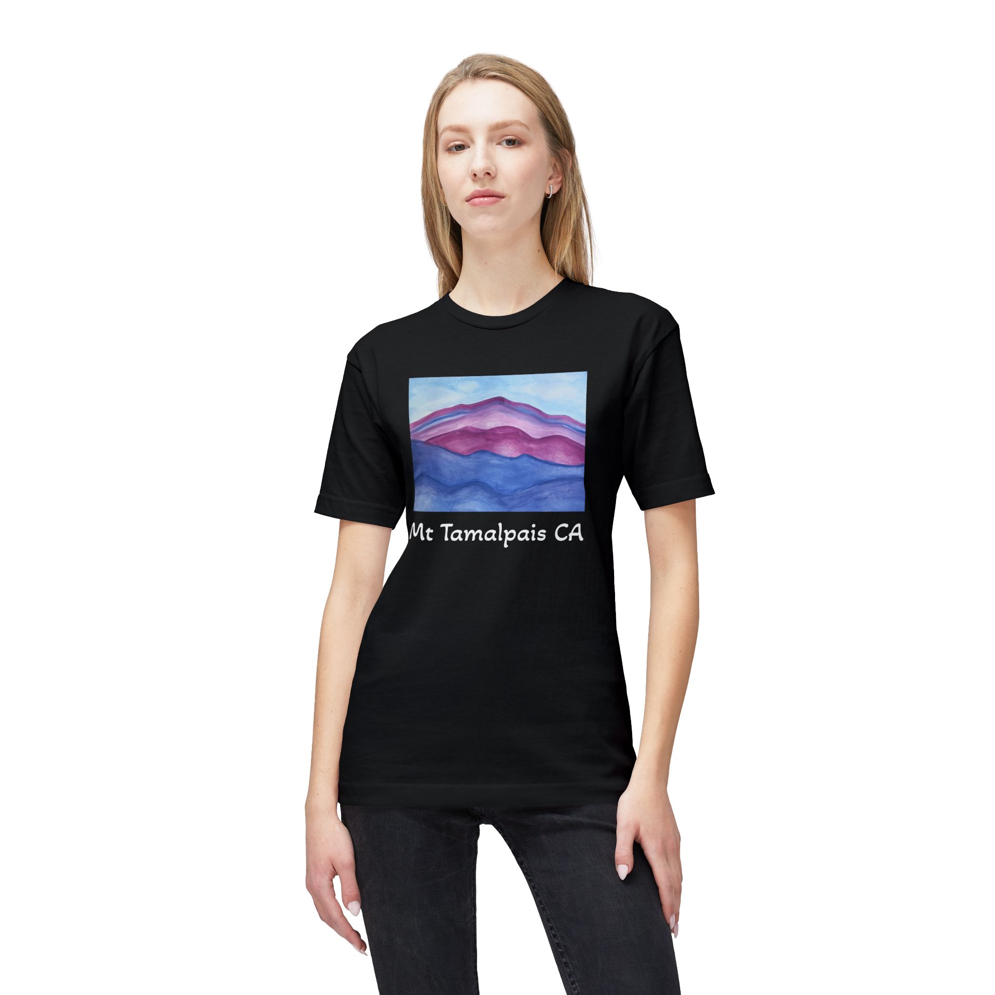 Meduim-Weight T-shirt - Purple Mountains Majesty Mt Tamalpais Watercolor Painting (print) - Select color - Made and assembled in the USA - Image 3