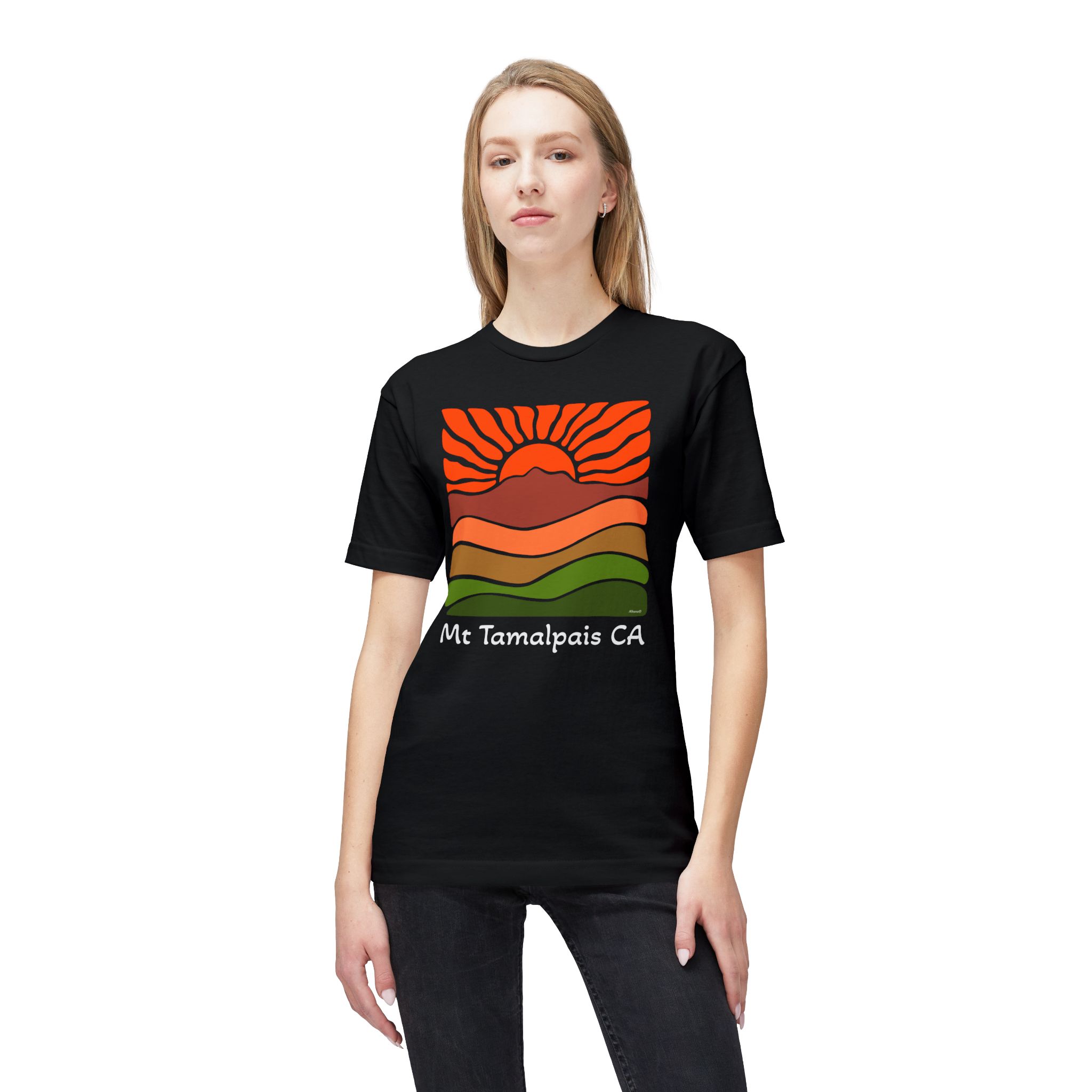Meduim-Weight T-shirt - Groovy Retro Mt Tamalpais Sun Landscape Sunset Orange - Made and assembled in the USA - Image 3