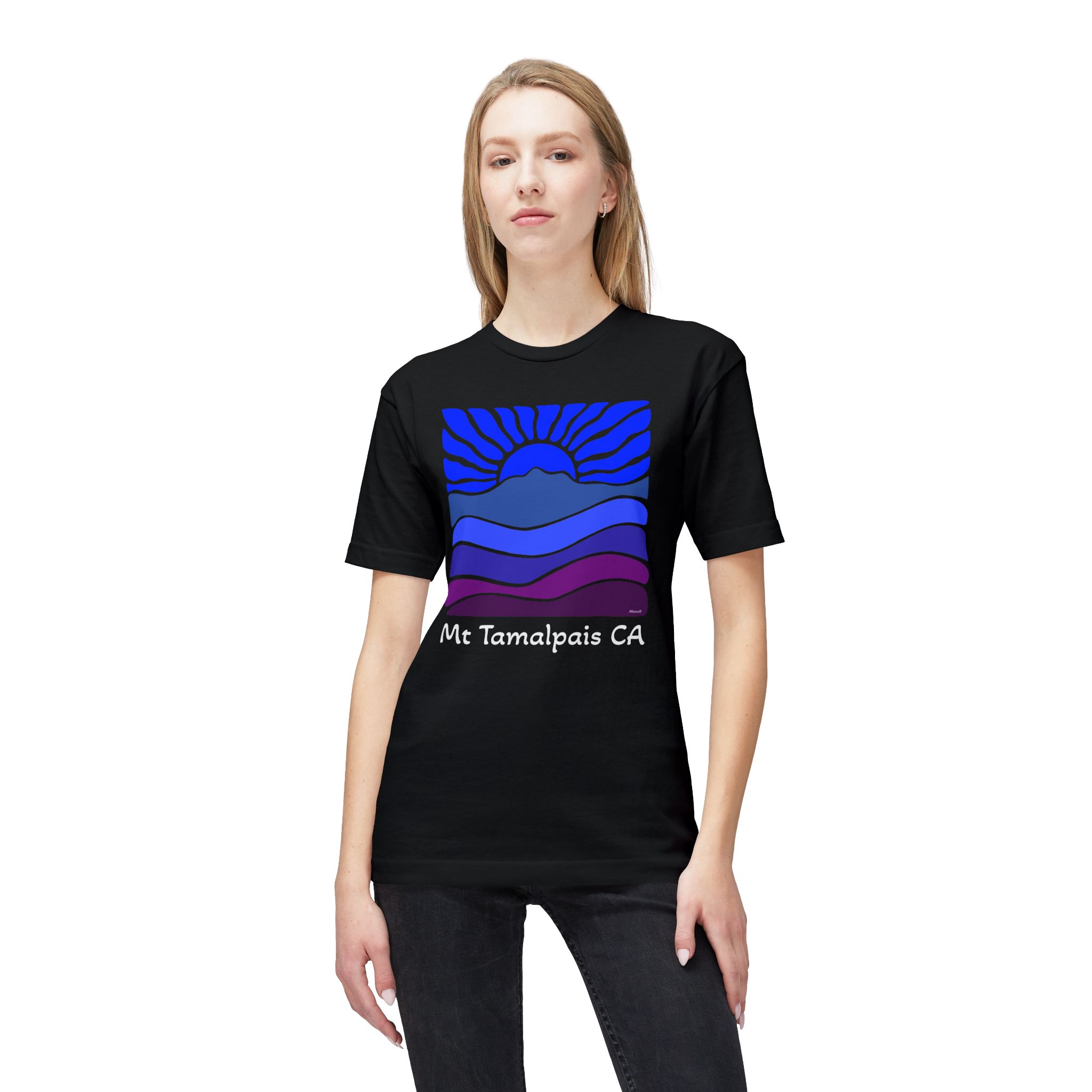 Unisex Meduim-Weight T-shirt - Groovy Retro Mt Tamalpais Sun Landscape - Midnight Blues - Made and assembled in the USA - Image 3