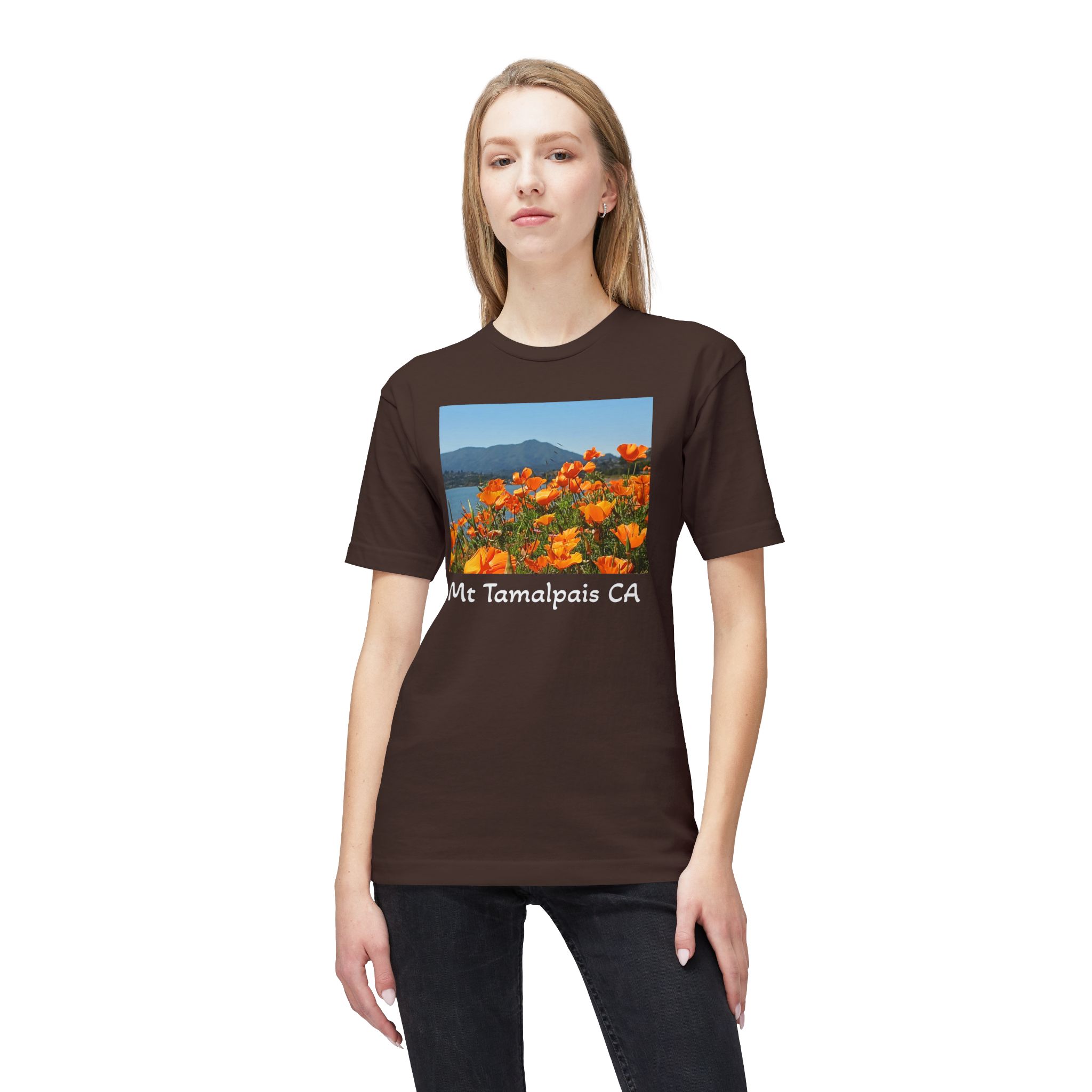 Meduim-Weight T-shirt - Mt Tamalpais Watercolor California’s Poppies - Select color - Made and assembled in the USA - Image 3