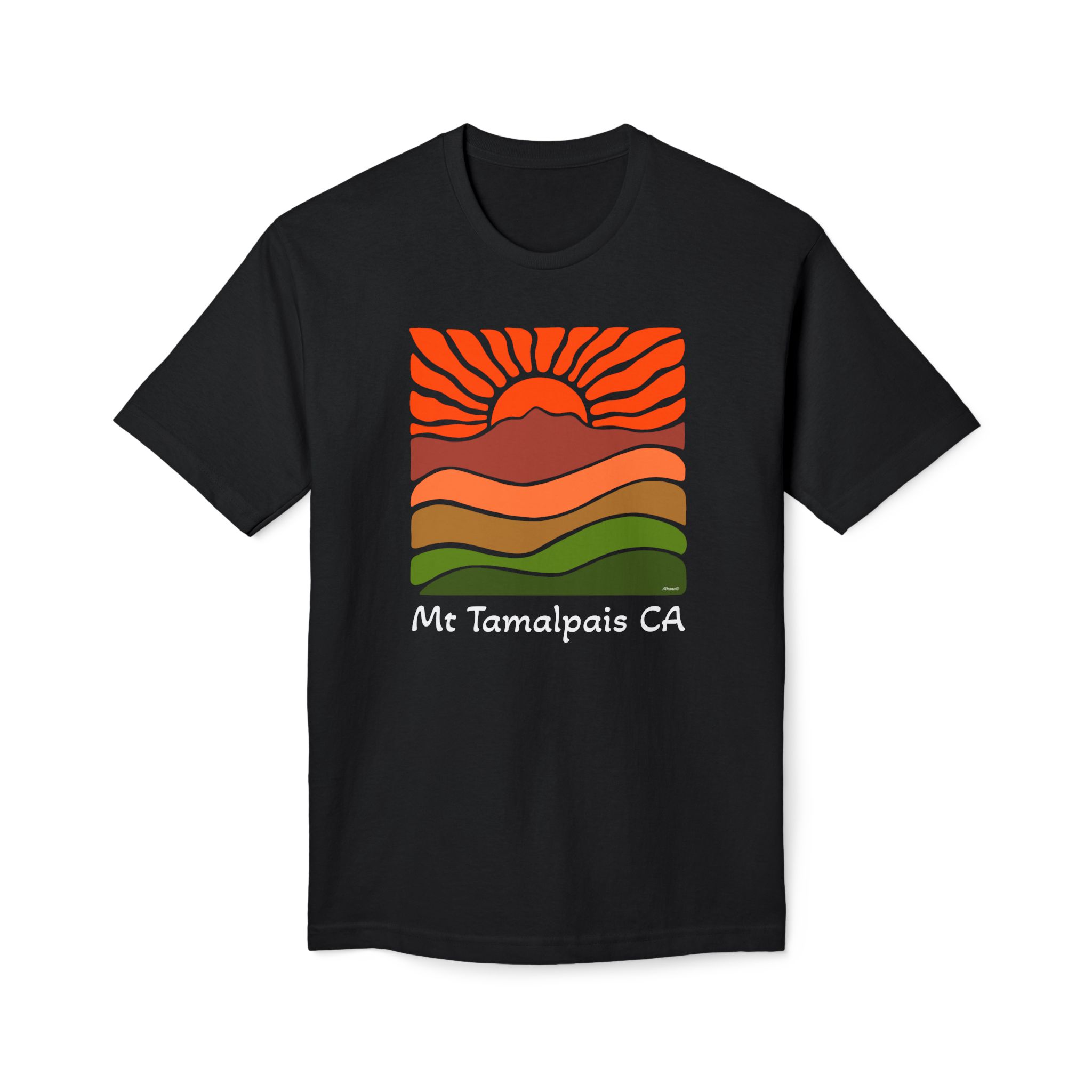 Meduim-Weight T-shirt - Groovy Retro Mt Tamalpais Sun Landscape Sunset Orange - Made and assembled in the USA