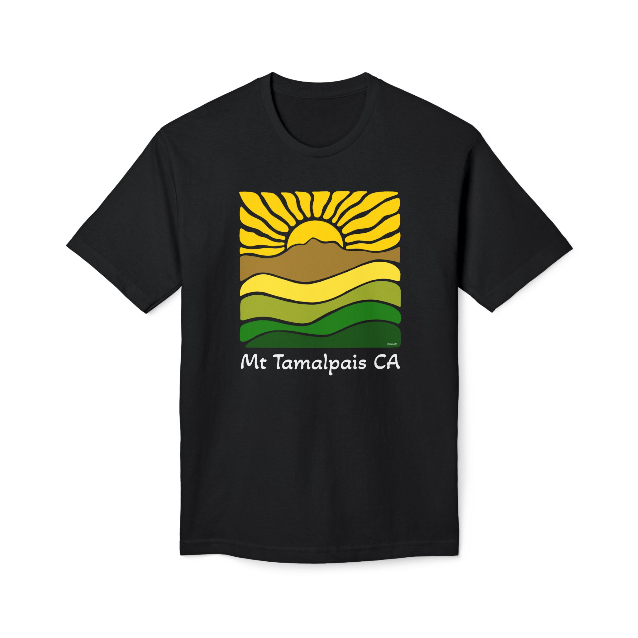 Meduim-Weight T-shirt - Groovy Retro Mt Tamalpais Sun Landscape Sunny Yellow - Made and assembled in the USA