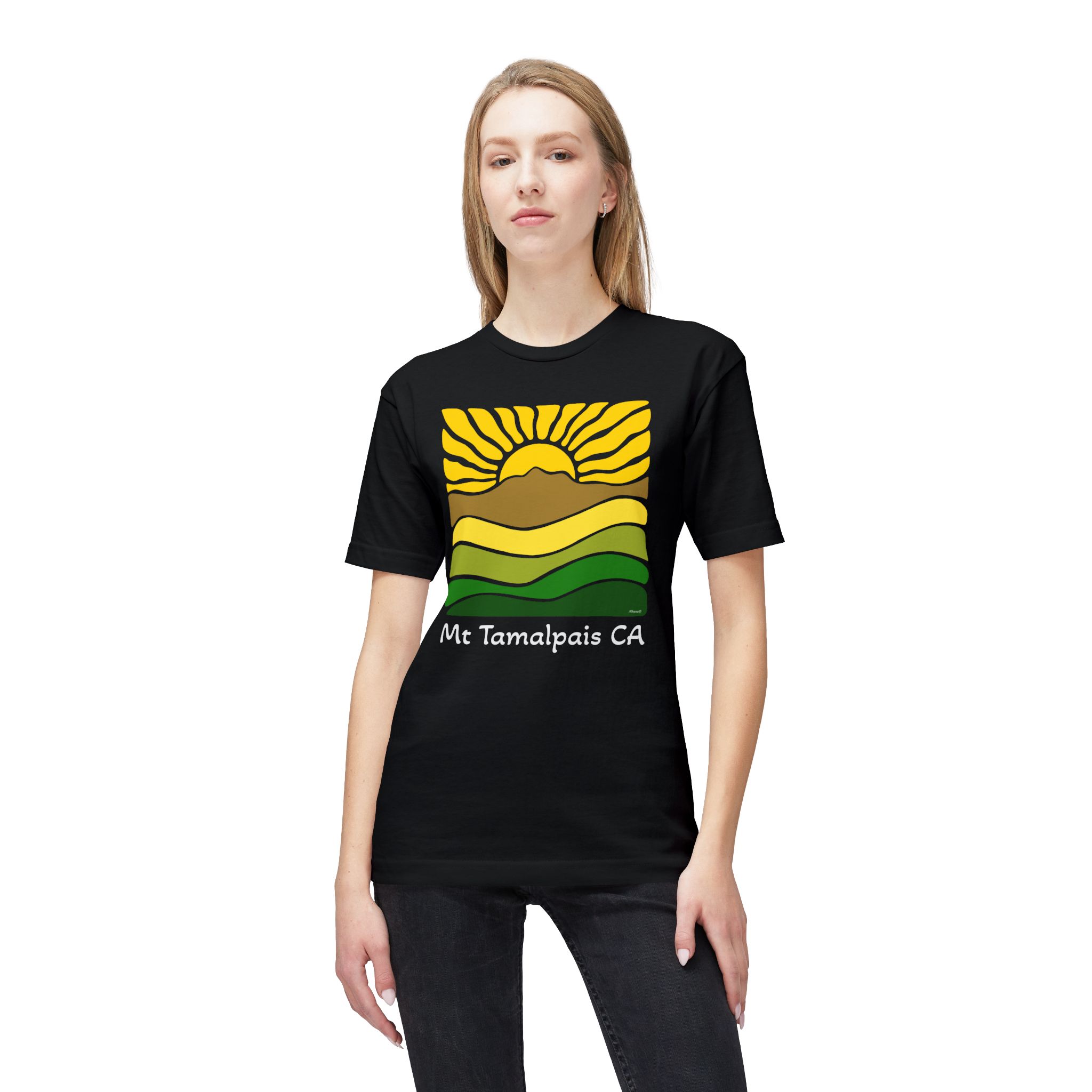 Meduim-Weight T-shirt - Groovy Retro Mt Tamalpais Sun Landscape Sunny Yellow - Made and assembled in the USA - Image 3