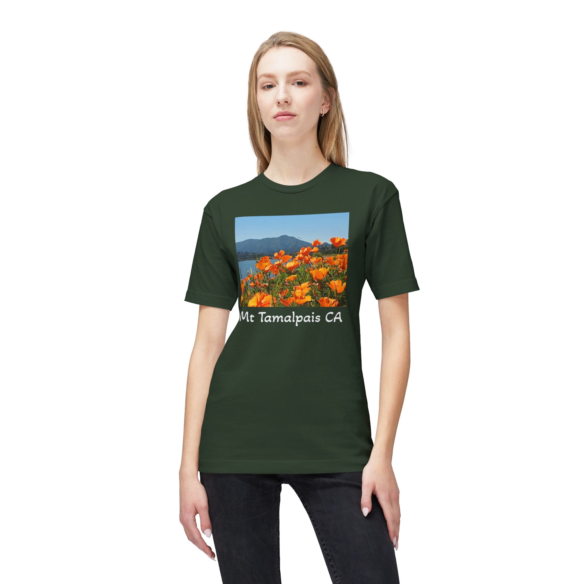 Meduim-Weight T-shirt - Mt Tamalpais Watercolor California’s Poppies - Select color - Made and assembled in the USA - Image 15
