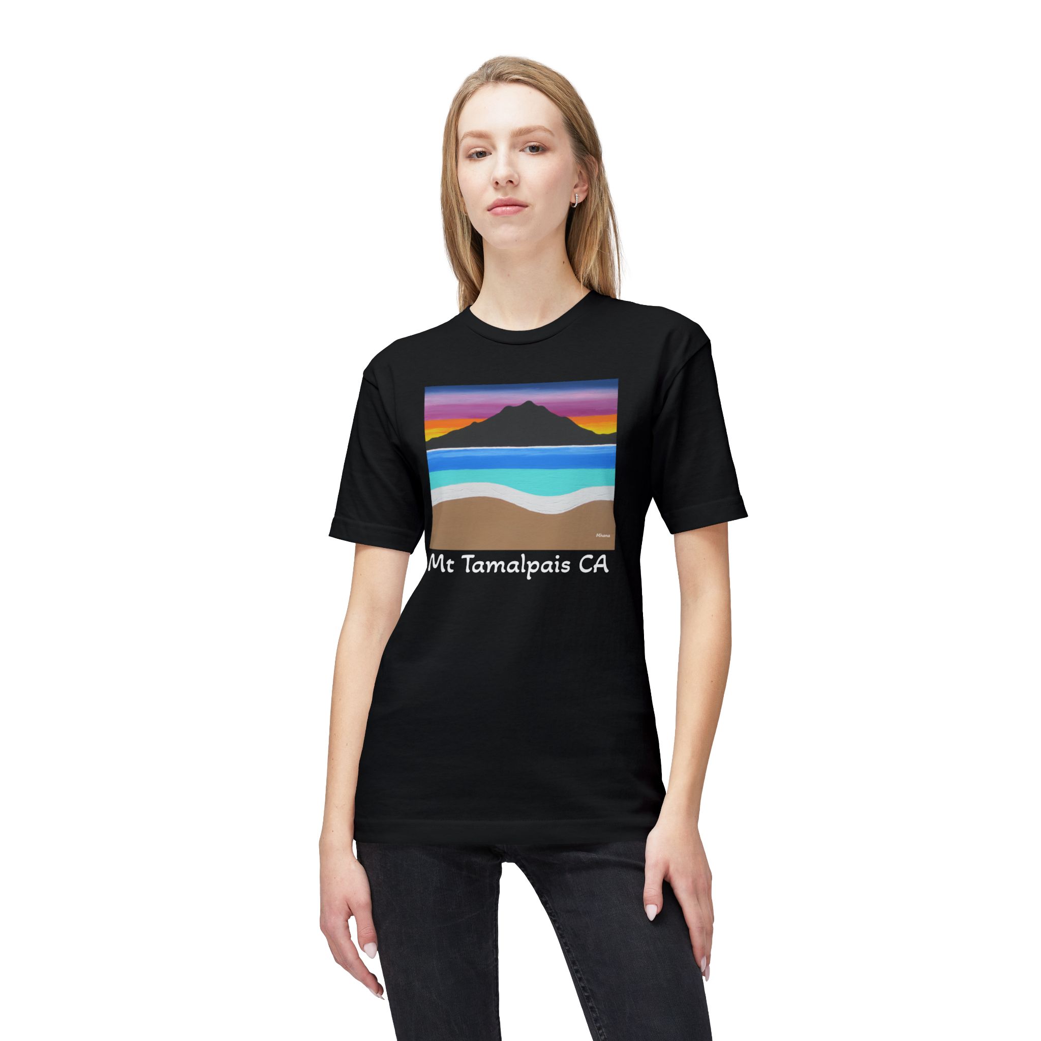 Meduim-Weight T-shirt - The Sleeping Lady's Serene Twilight Shoreline Sunset - Mt Tamalpais Painting (print) - Select color - Made and assembled in the USA - Image 3