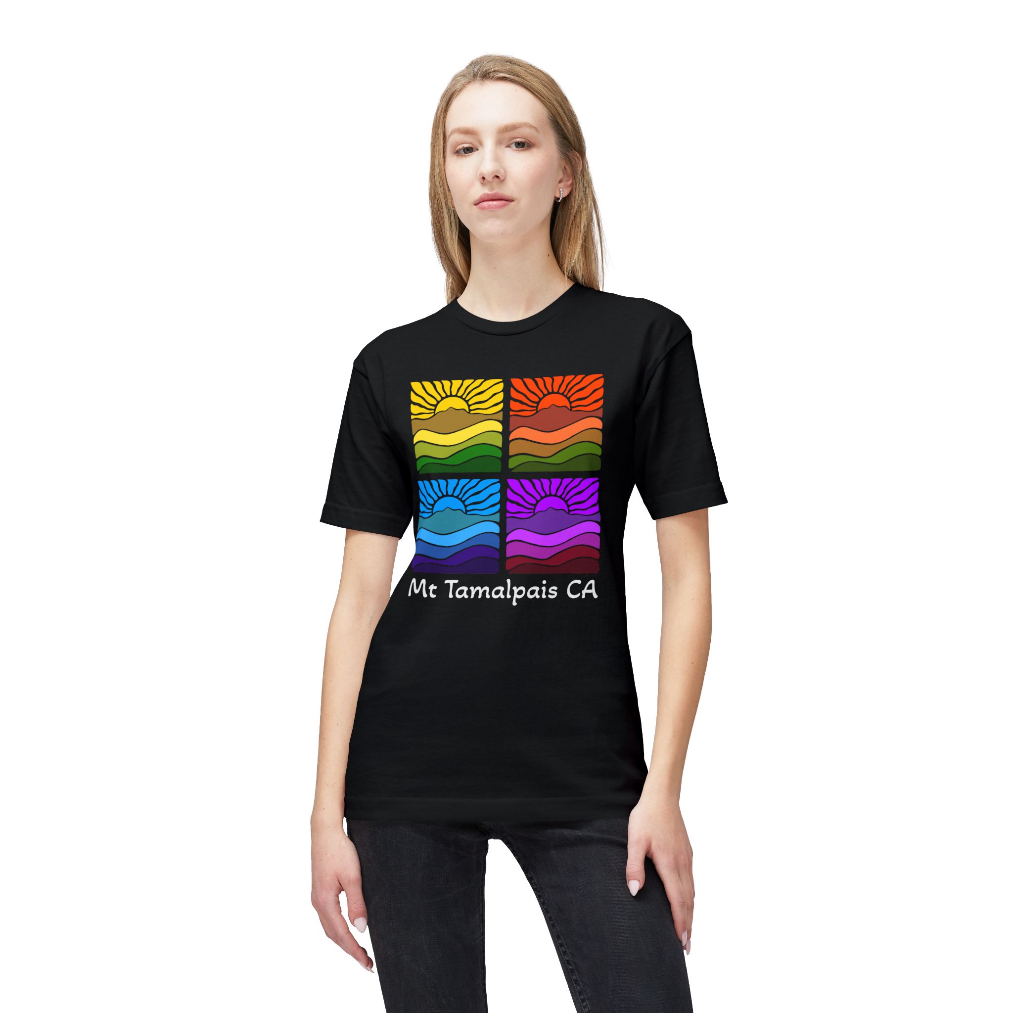 Meduim-Weight T-shirt - Groovy Retro Mt Tamalpais Sun Landscape Design Rainbow X4 - Made and assembled in the USA - Image 3
