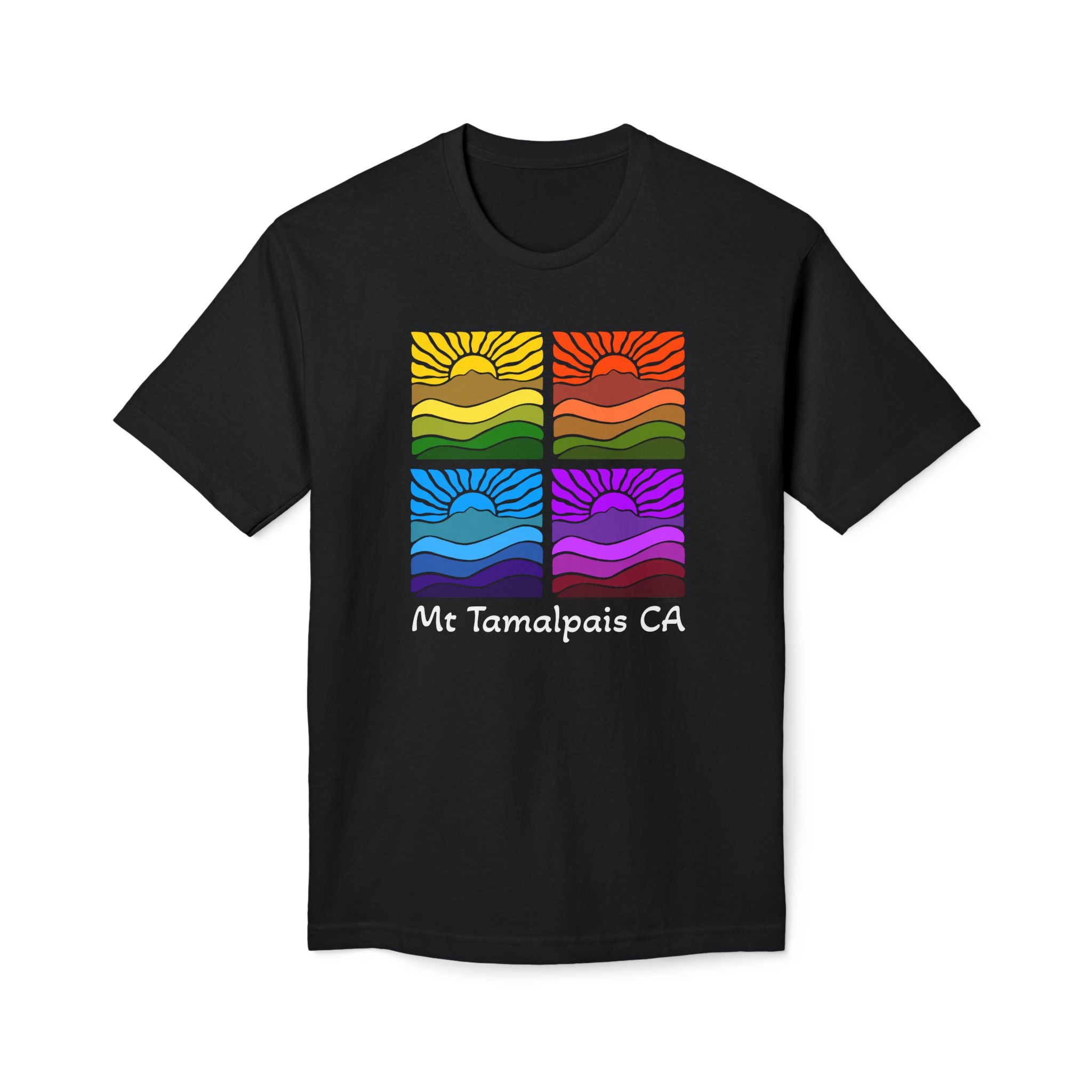 Meduim-Weight T-shirt - Groovy Retro Mt Tamalpais Sun Landscape Design Rainbow X4 - Made and assembled in the USA