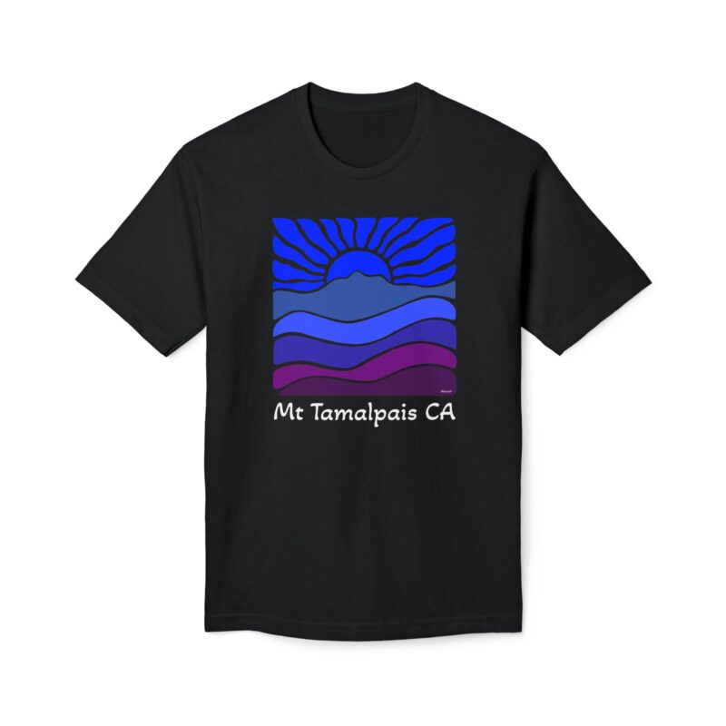 Unisex Meduim-Weight T-shirt - Groovy Retro Mt Tamalpais Sun Landscape - Midnight Blues - Made and assembled in the USA