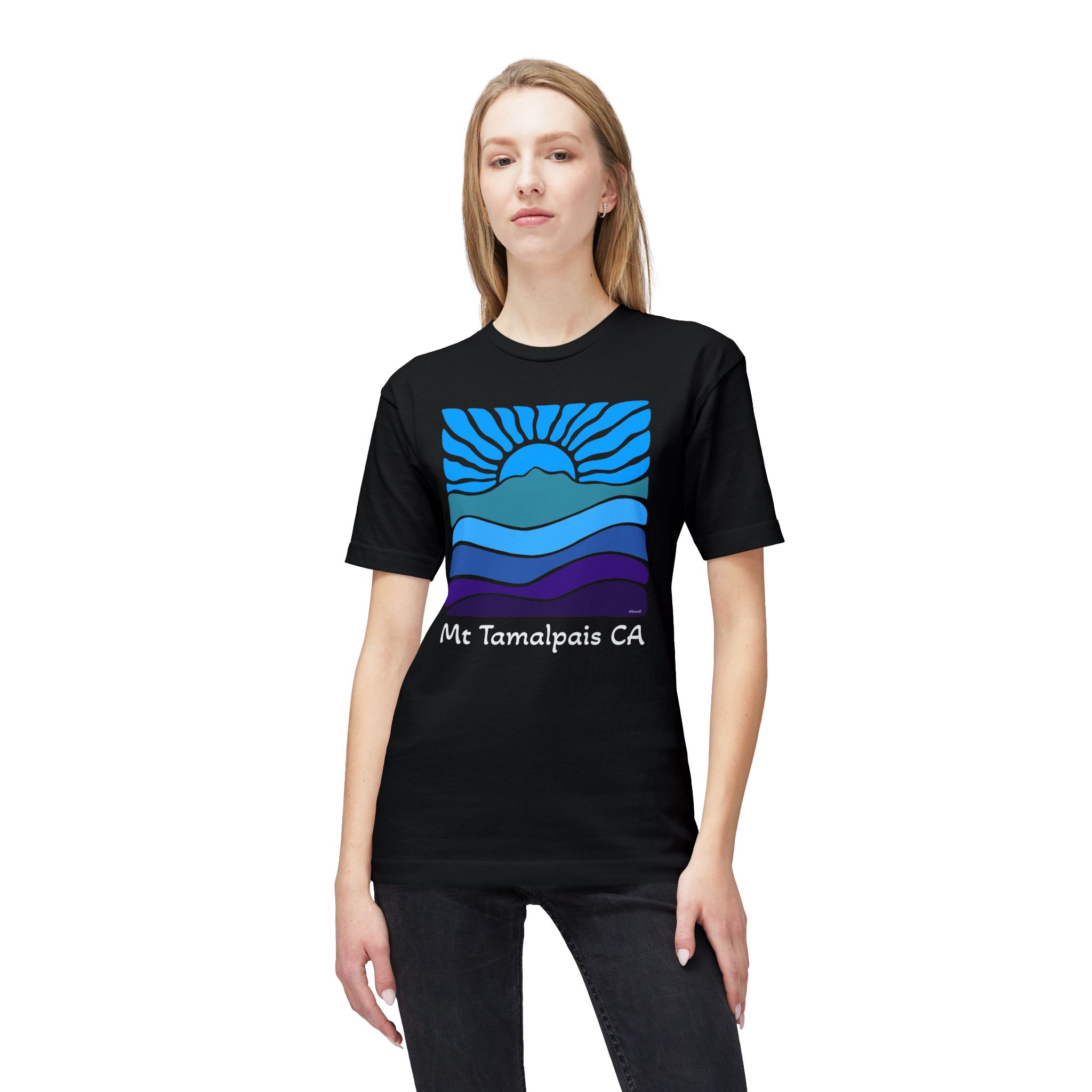 Meduim-Weight T-shirt - Groovy Retro Mt Tamalpais Sun Landscape - Sky Blue - Made and assembled in the USA - Image 3