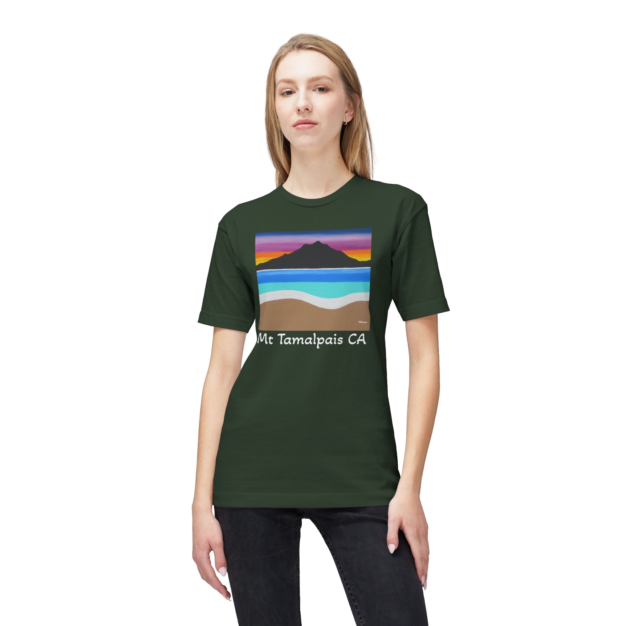Meduim-Weight T-shirt - The Sleeping Lady's Serene Twilight Shoreline Sunset - Mt Tamalpais Painting (print) - Select color - Made and assembled in the USA - Image 7