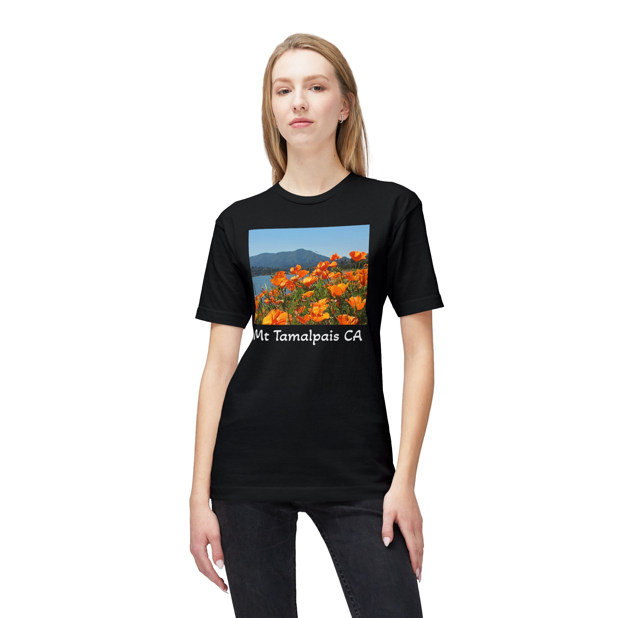 Meduim-Weight T-shirt - Mt Tamalpais Watercolor California’s Poppies - Select color - Made and assembled in the USA - Image 7
