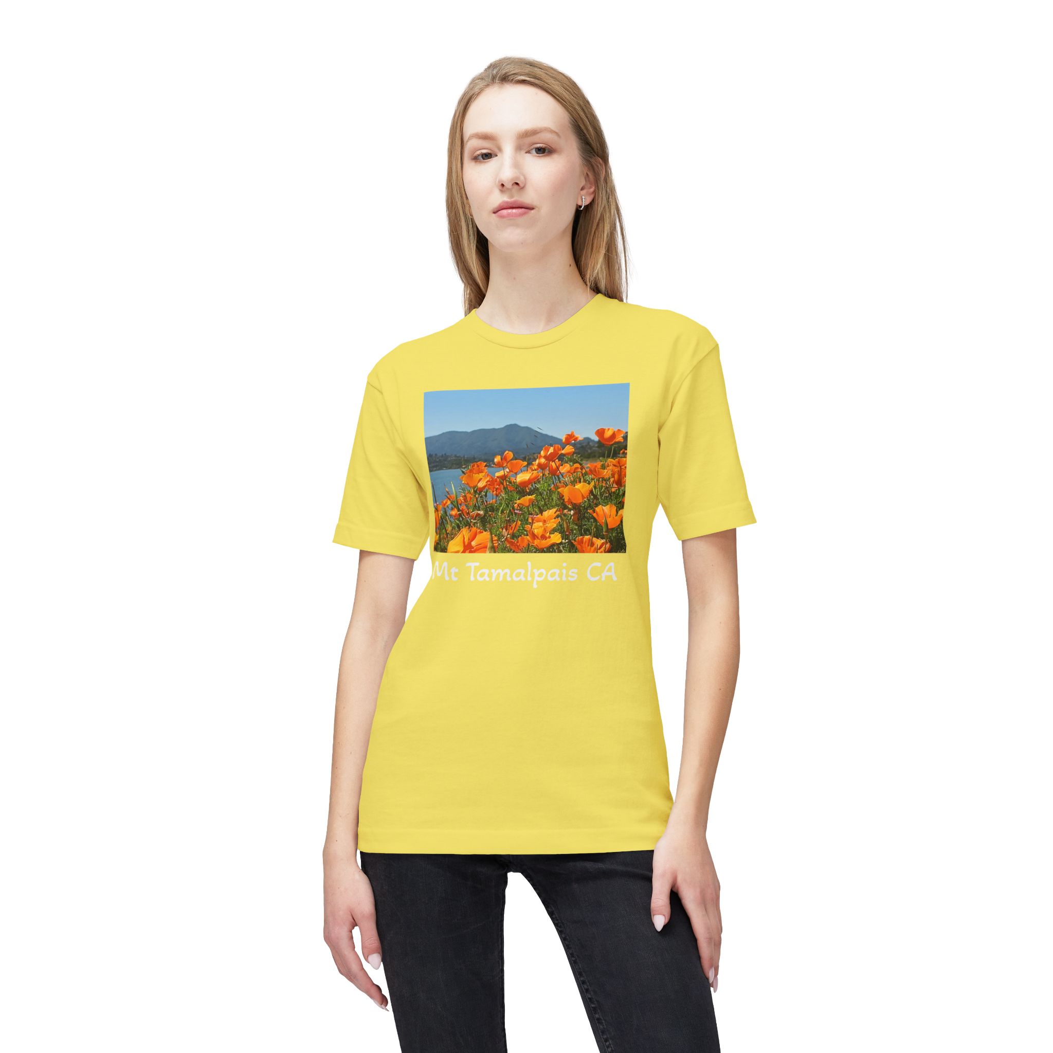 Meduim-Weight T-shirt - Mt Tamalpais Watercolor California’s Poppies - Select color - Made and assembled in the USA - Image 11