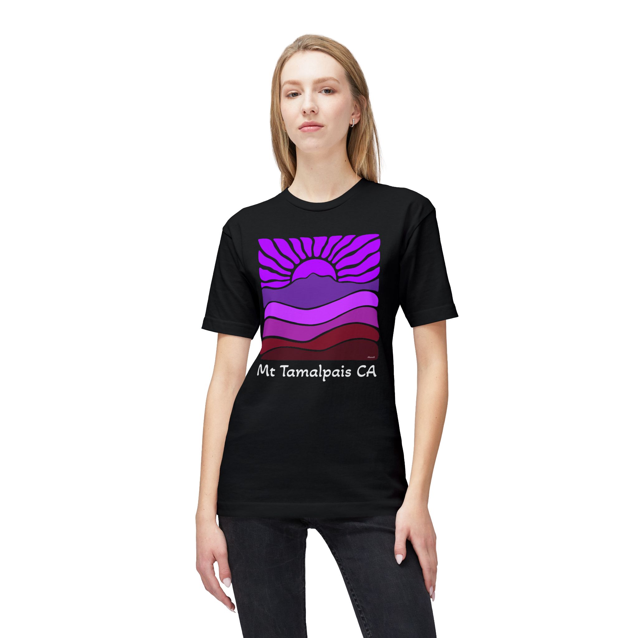 Meduim-Weight T-shirt - Groovy Retro Mt Tamalpais Sun Landscape Sunset Pink - Made and assembled in the USA - Image 3