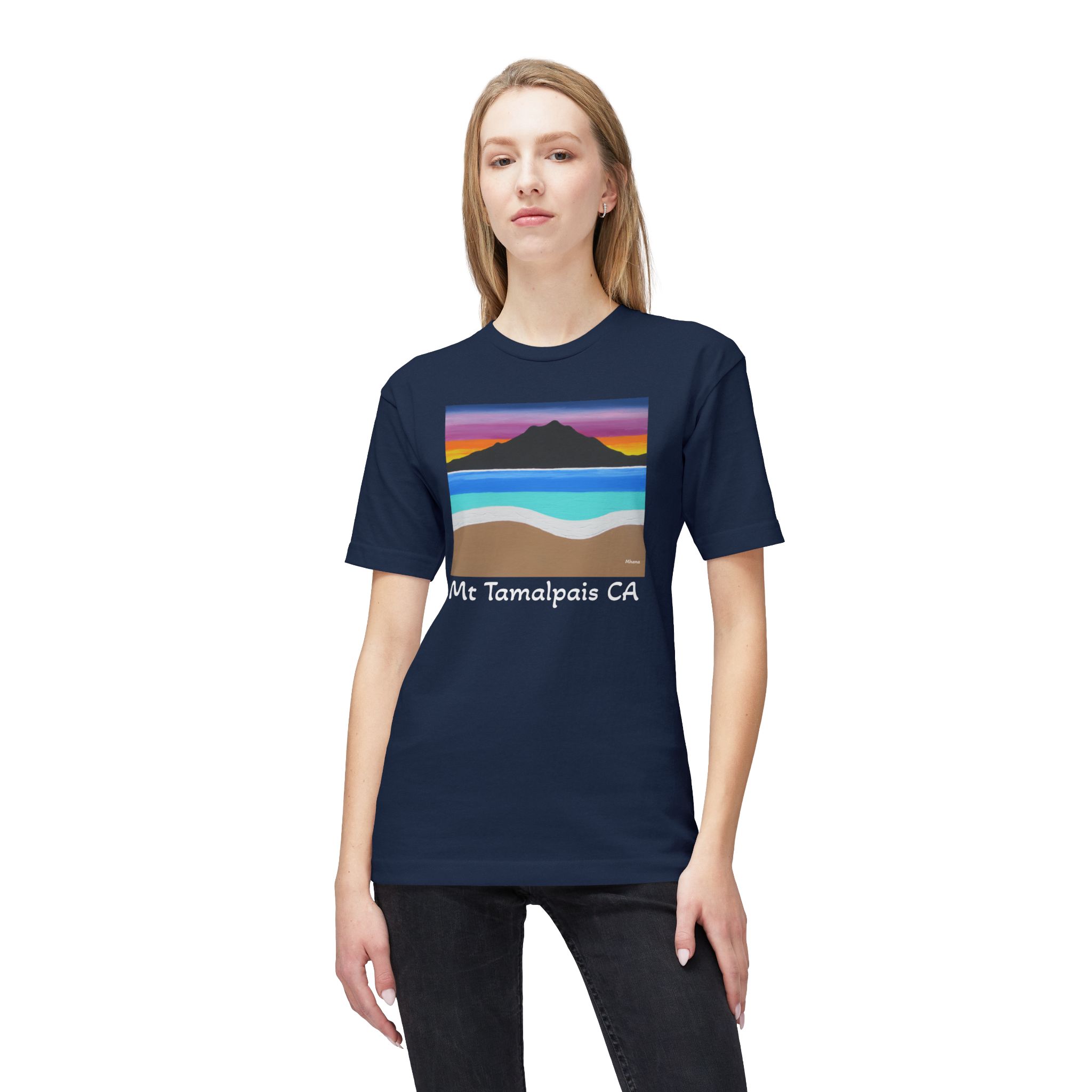Meduim-Weight T-shirt - The Sleeping Lady's Serene Twilight Shoreline Sunset - Mt Tamalpais Painting (print) - Select color - Made and assembled in the USA - Image 11
