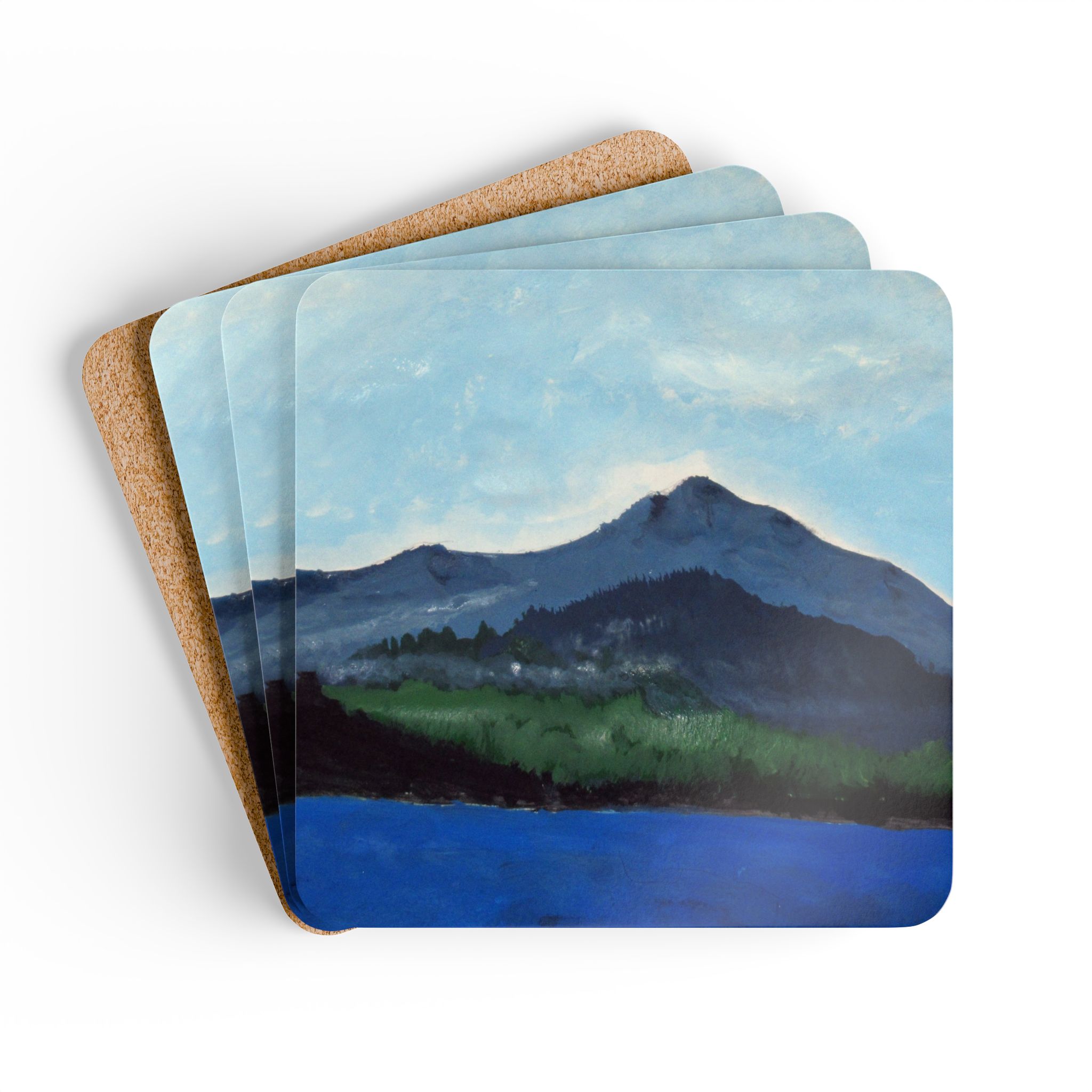 Corkwood Coaster (Set of 4) - Mt Tamalpais and Lake - Hand Painted (print) - Made in USA - Image 4