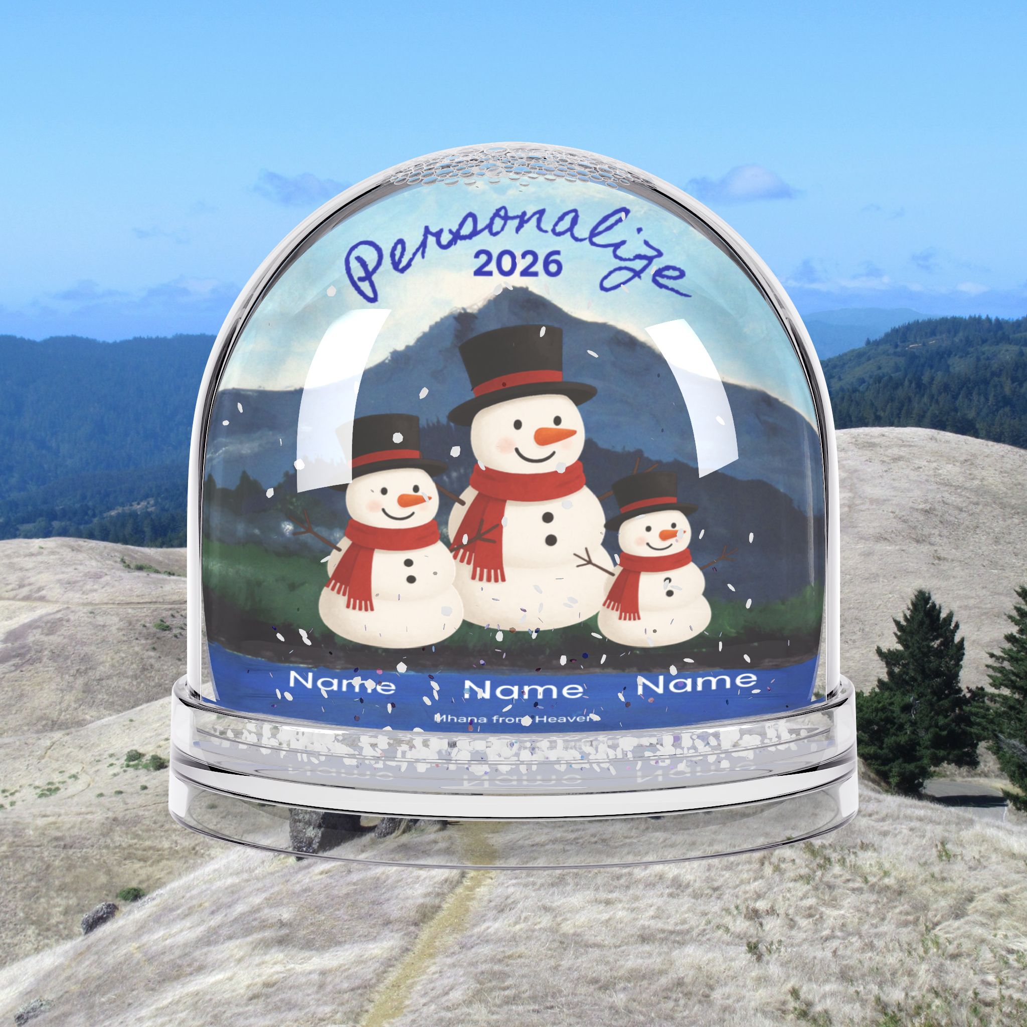 Personalizable Photo Snow Globe - Featuring snowmen and Mt Tamalpais - Made in USA