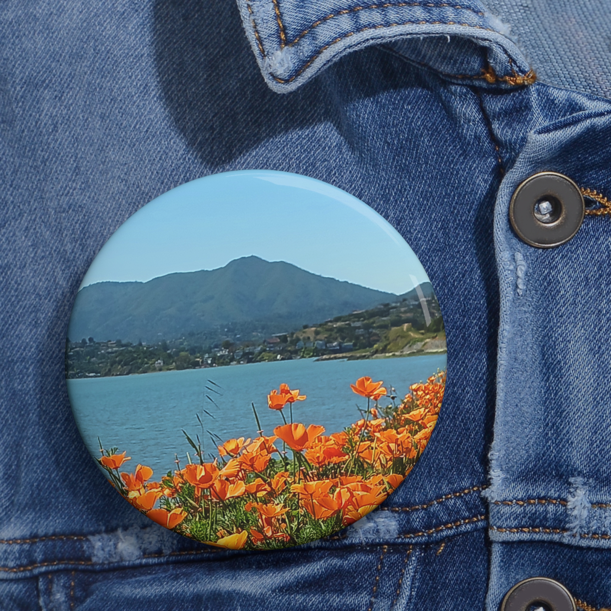 Scenic Lake & Wildflowers Round Pin Button — Floral Mountain Photo Badge - Image 6