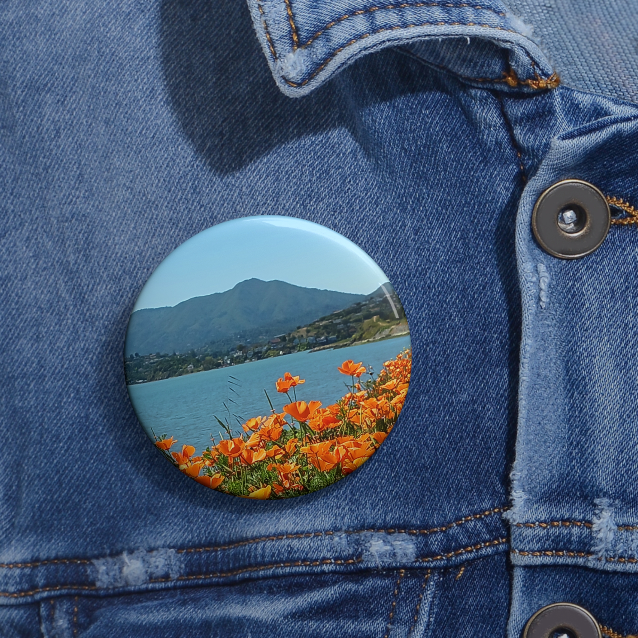 Scenic Lake & Wildflowers Round Pin Button — Floral Mountain Photo Badge - Image 4