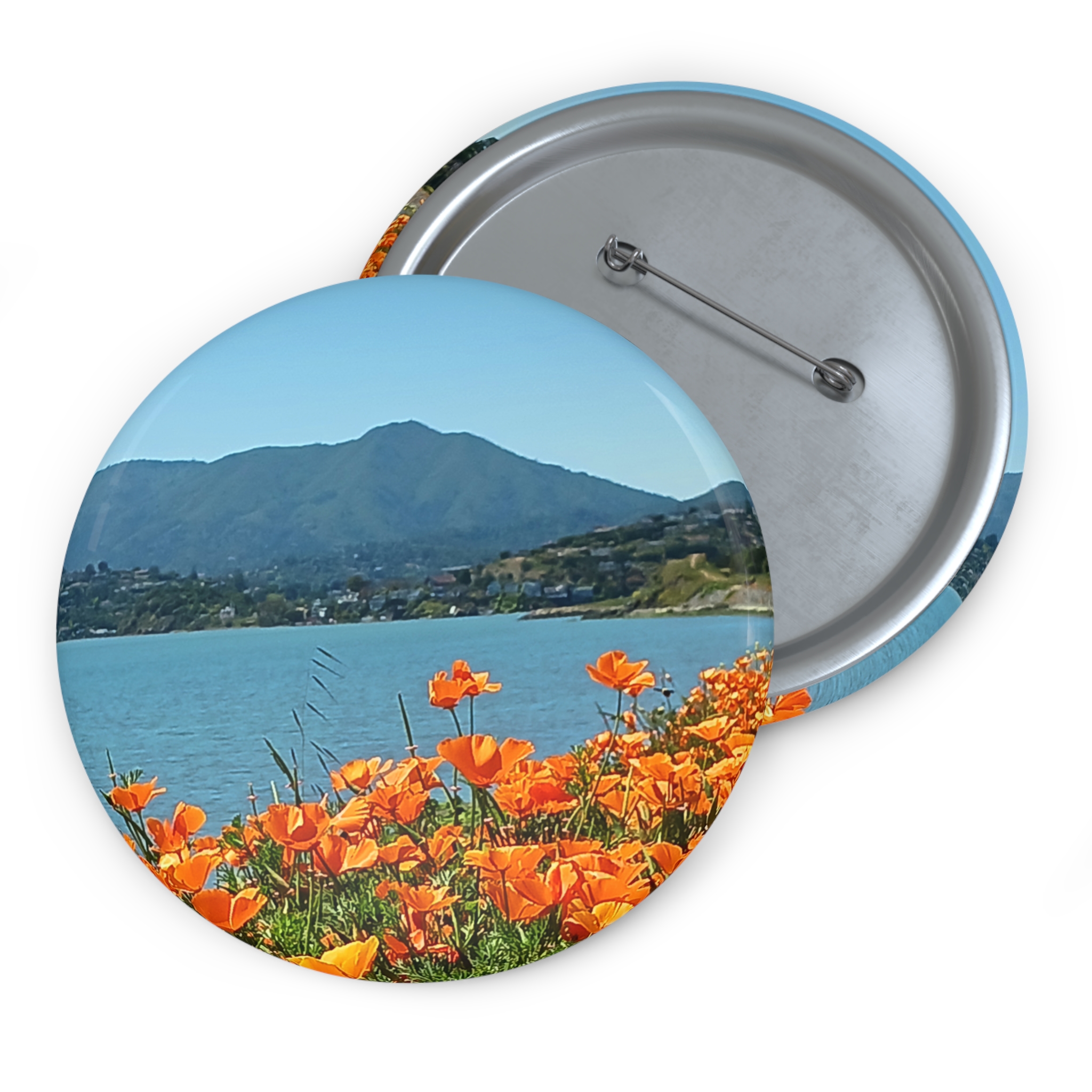 Scenic Lake & Wildflowers Round Pin Button — Floral Mountain Photo Badge - Image 5