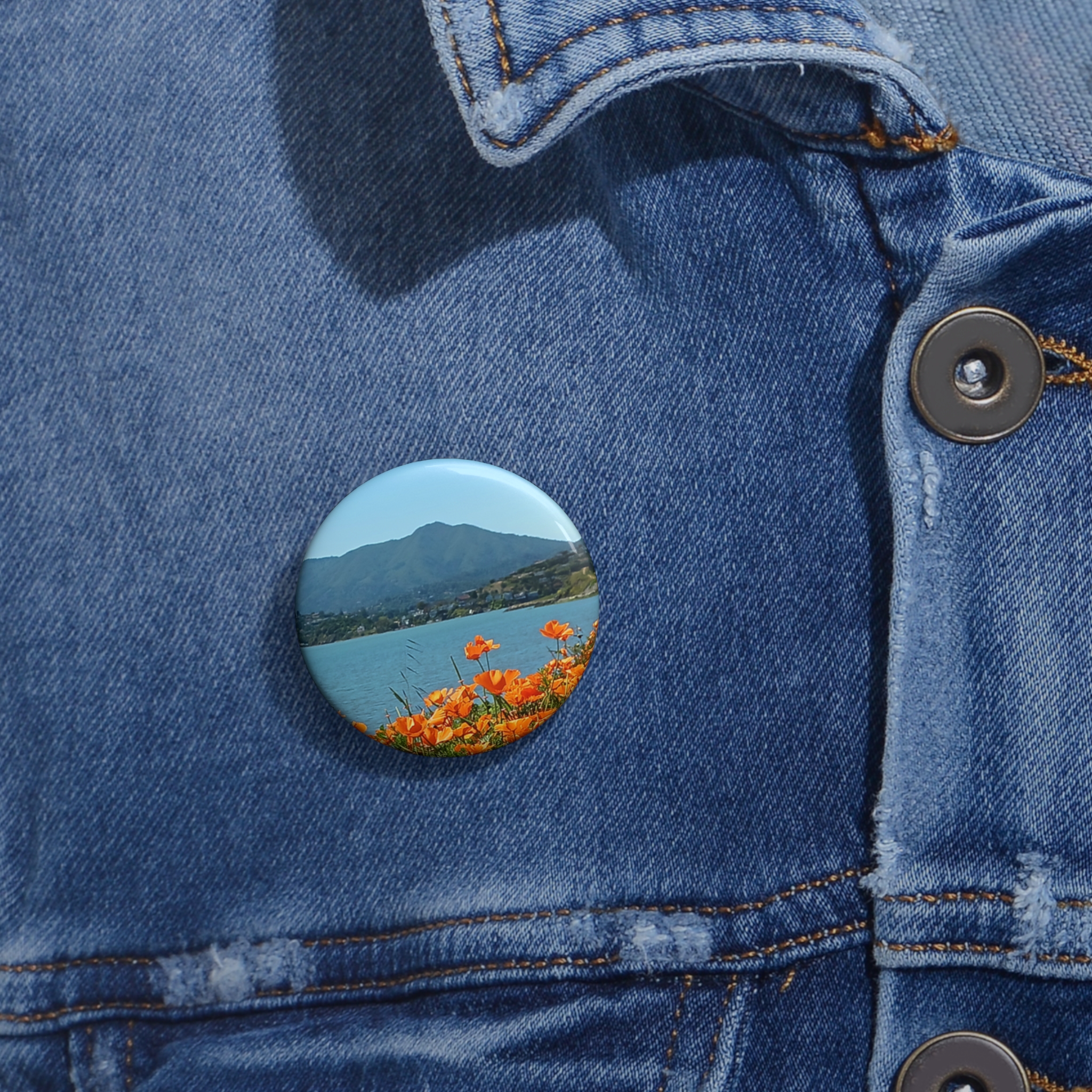 Scenic Lake & Wildflowers Round Pin Button — Floral Mountain Photo Badge - Image 2
