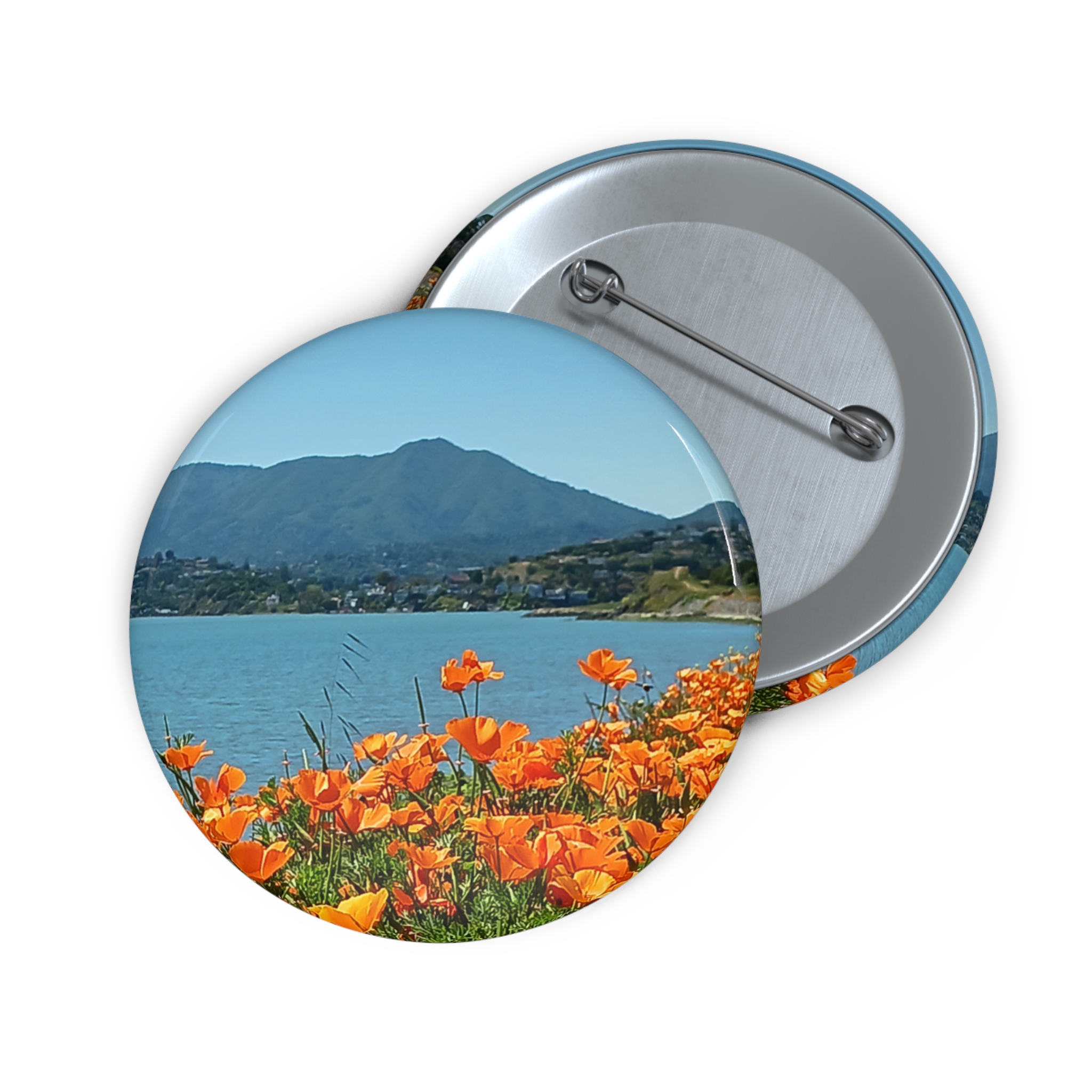 Scenic Lake & Wildflowers Round Pin Button — Floral Mountain Photo Badge - Image 3