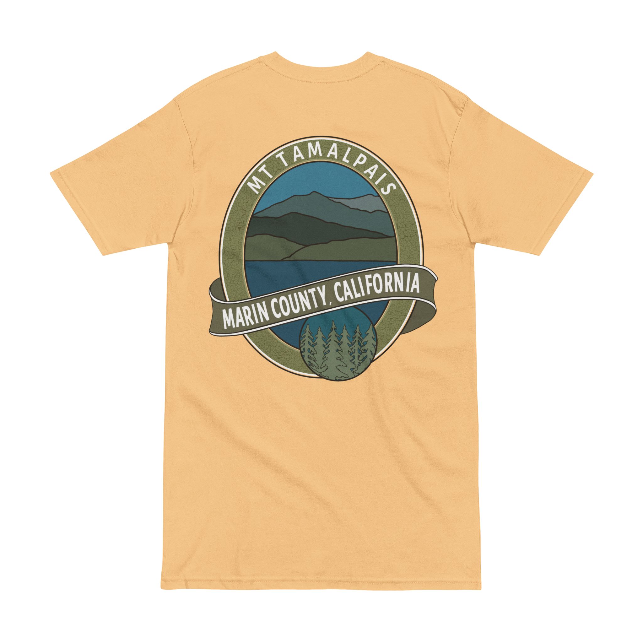 Men’s premium heavyweight tee 100% Cotton T-shirt - Oval Mt Tamalpais Marin County California Collector's Design - Front Chest and Back - Select color - Image 2