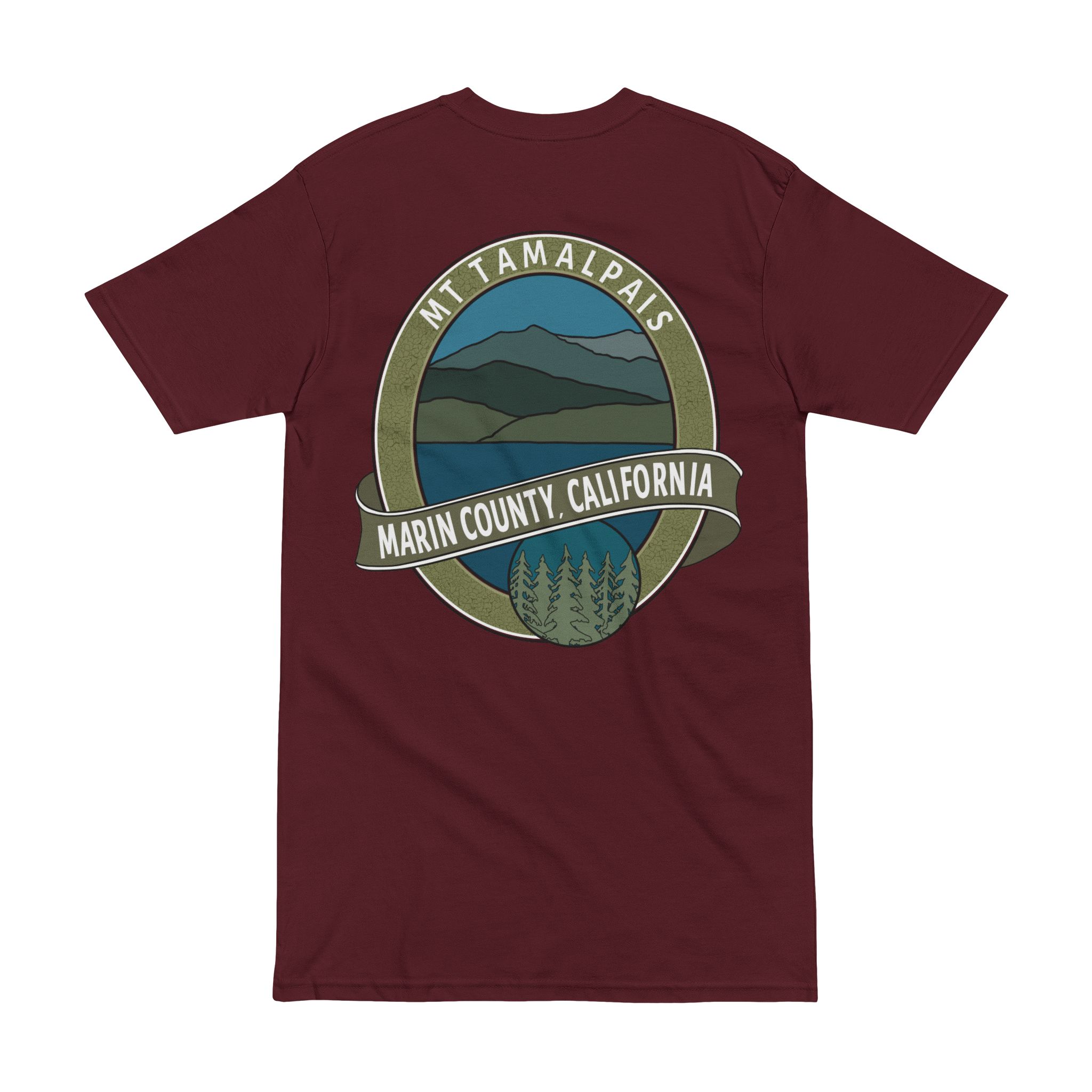 Men’s premium heavyweight tee 100% Cotton T-shirt - Oval Mt Tamalpais Marin County California Collector's Design - Front Chest and Back - Select color - Image 12