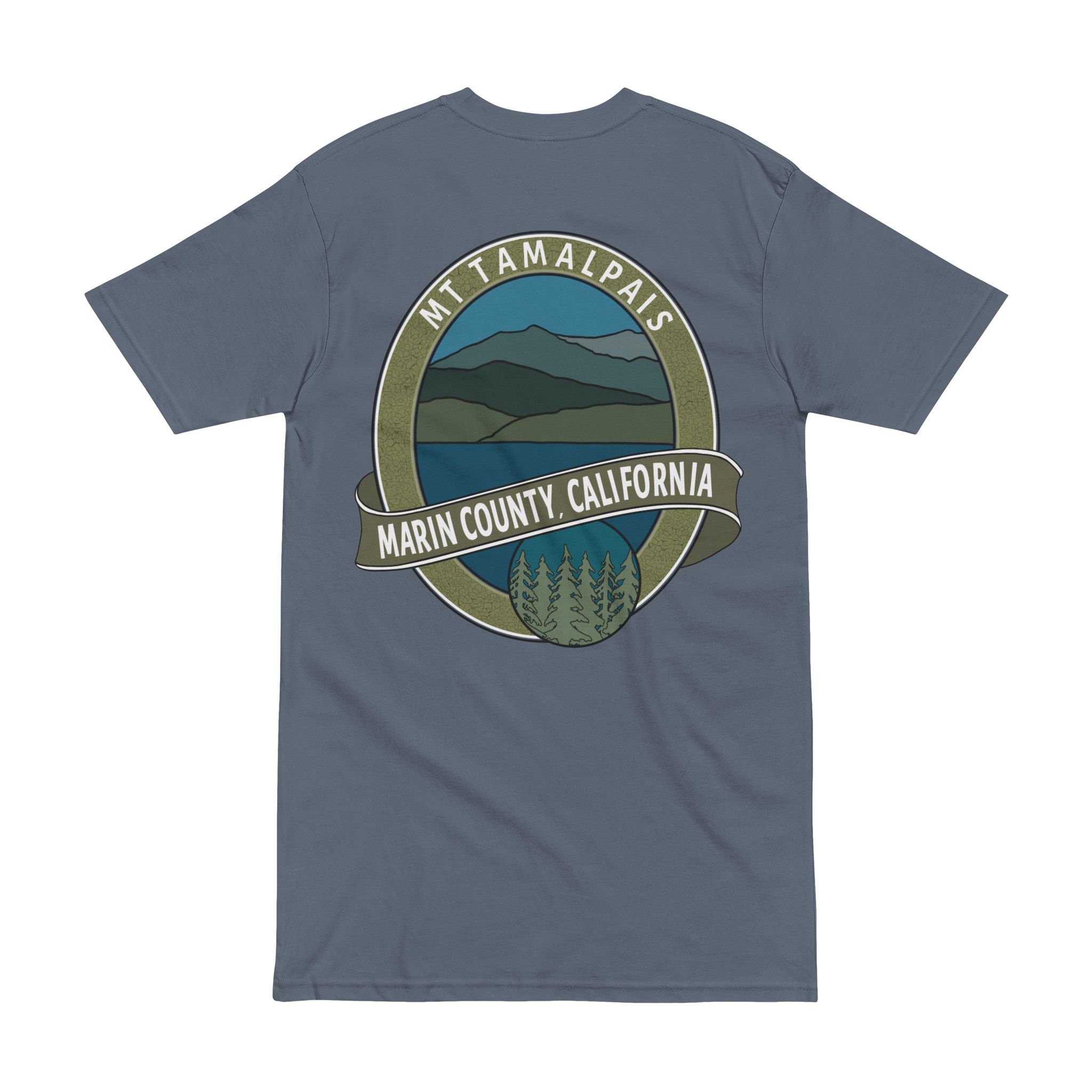Men’s premium heavyweight tee 100% Cotton T-shirt - Oval Mt Tamalpais Marin County California Collector's Design - Front Chest and Back - Select color - Image 6