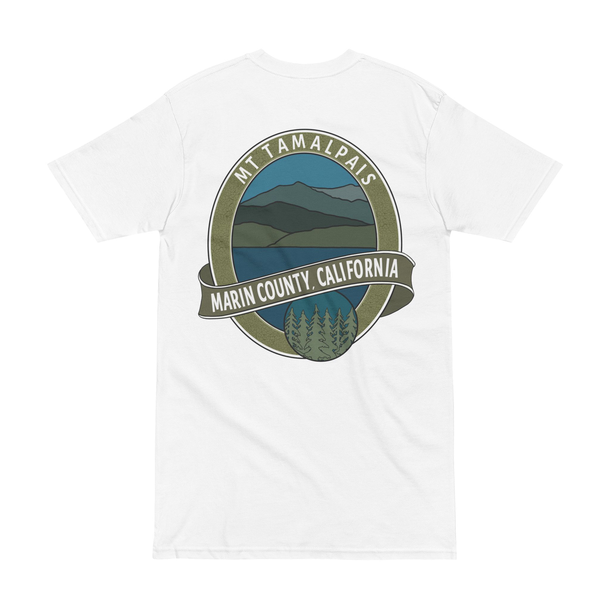 Men’s premium heavyweight tee 100% Cotton T-shirt - Oval Mt Tamalpais Marin County California Collector's Design - Front Chest and Back - Select color - Image 4