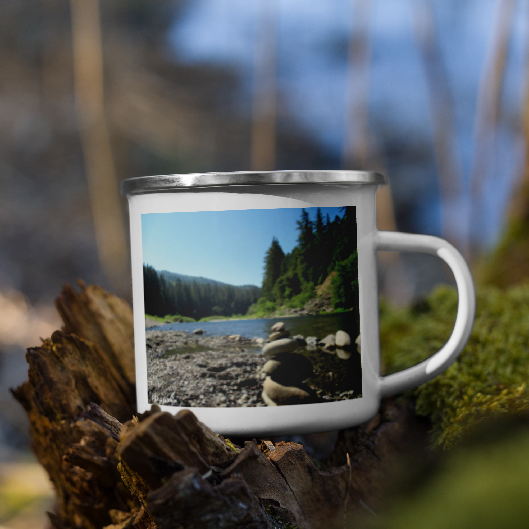Enamel Mug - California Redwoods and Stacked Stones - Humboldt County California - Camping Mug 12oz
